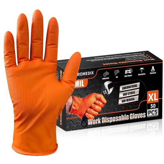 Heavy Duty Nitrile Disposable Gloves 8 Mil Orange Diamond Texture Grip with packaging, front view