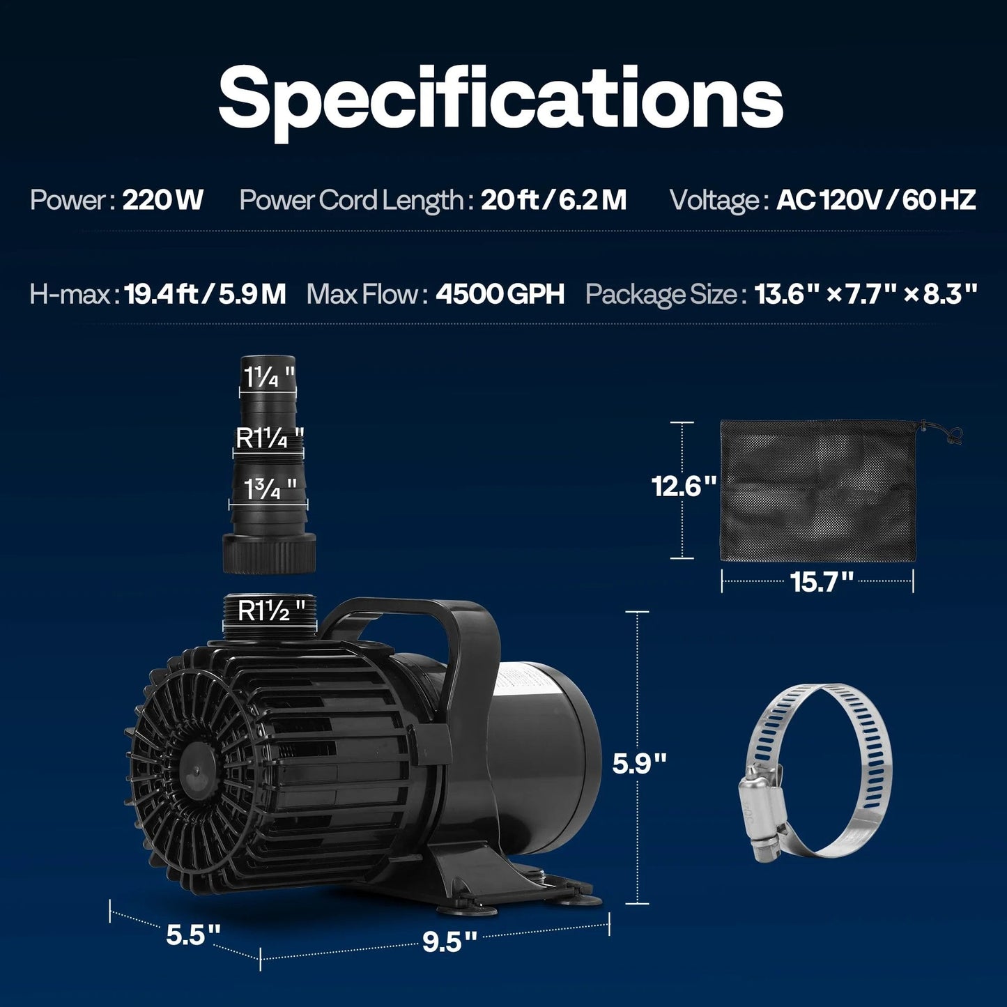 Image showing specifications of Beefy 220W Submersible Pond Pump Delivers 4500GPH For Koi Ponds, Waterfalls, And Fish Tanks, By VIVOHOME.