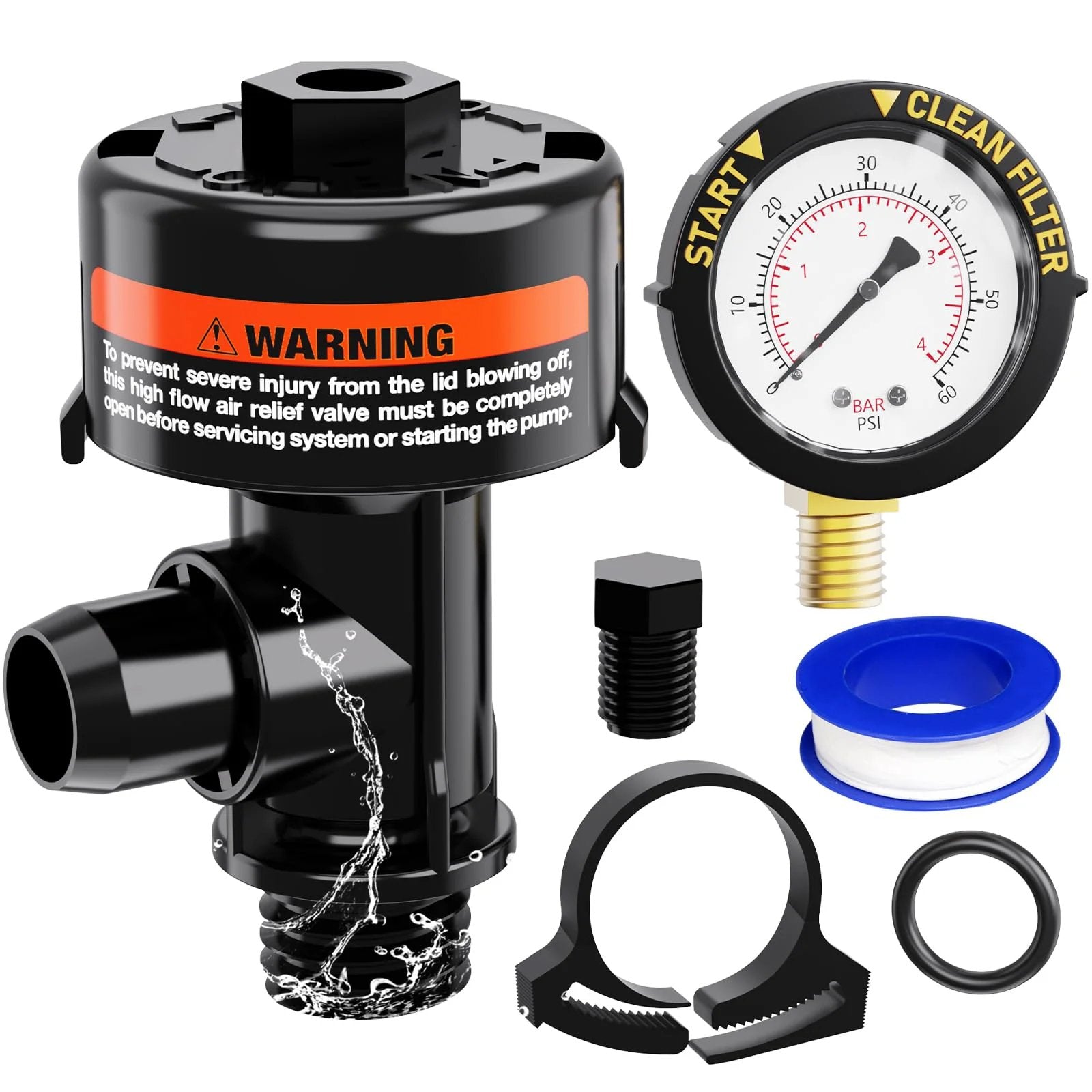 High Flow Manual Air Relief Valve For Pool And Spa Filters With Pressure Gauge Replacement includes gauge, plug, O-rings, and clips.