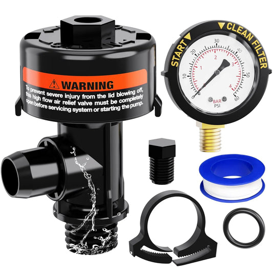 High Flow Manual Air Relief Valve For Pool And Spa Filters With Pressure Gauge Replacement includes gauge, plug, O-rings, and clips.
