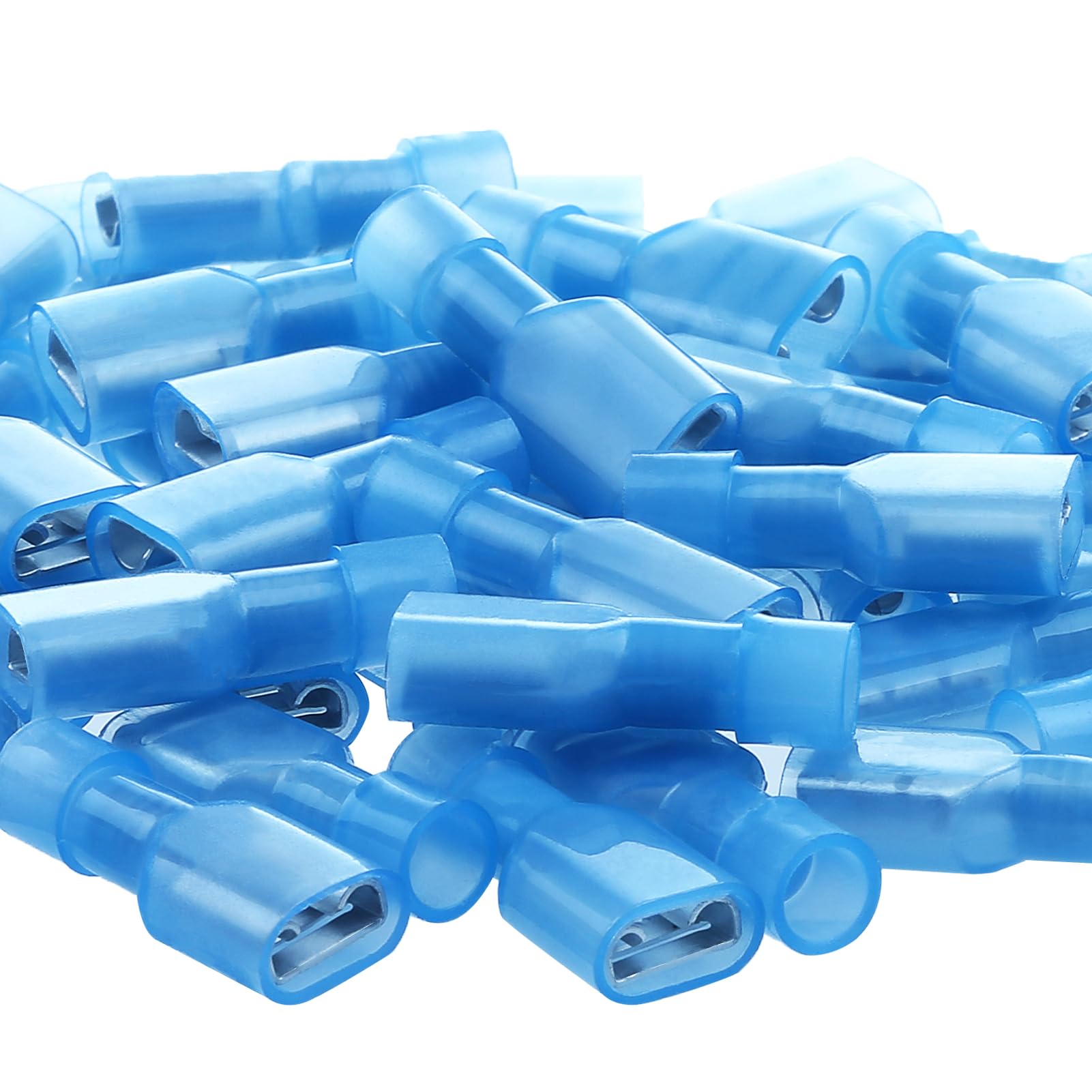 Pile of blue nylon insulated female spade connectors for 16-14 AWG wires quick disconnect crimp terminals 100 pcs fully insulated