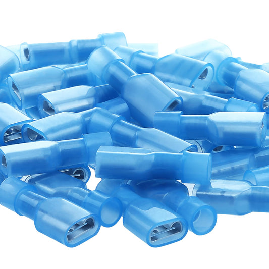 Pile of blue nylon insulated female spade connectors for 16-14 AWG wires quick disconnect crimp terminals 100 pcs fully insulated
