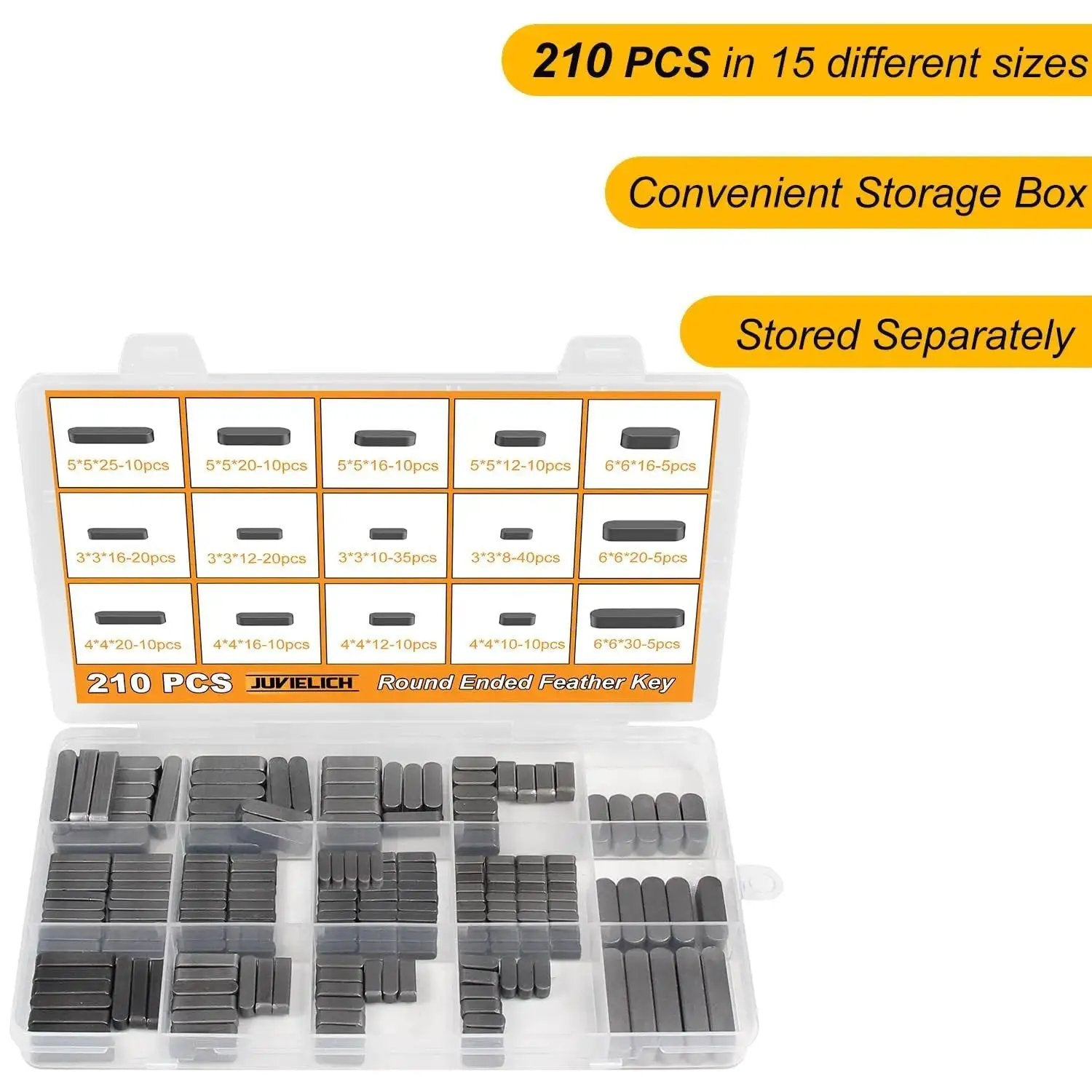 210 Piece Metric Woodruff Key Set With 15 Sizes Round Ended Feather Keys Carbon Steel Black in storage box