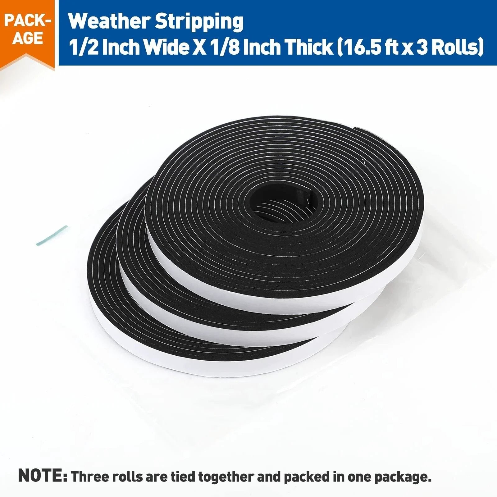Weather Stripping Door Seal Foam Tape One Half Inch Wide One Eighth Inch Thick Heavy Duty Adhesive Weatherproof Seal For Windows And Doors Black Fifty Feet Total Three Rolls Soundproof No Sweat Draft Stopper