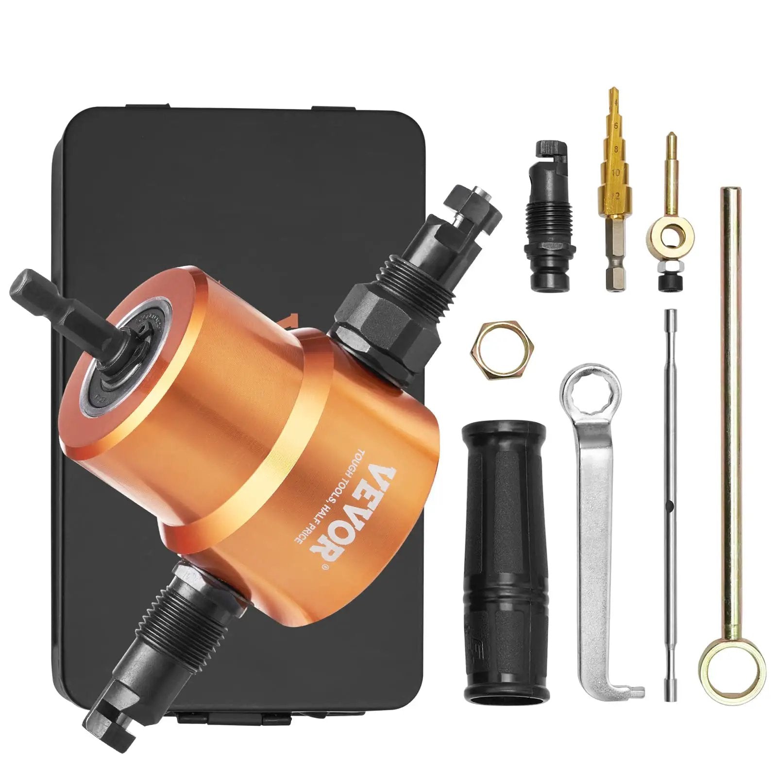 Double Head Sheet Metal Nibbler Cutter For Drills, 360 Degree Cutting Attachment With Extra Punch And Die shown with accessories.
