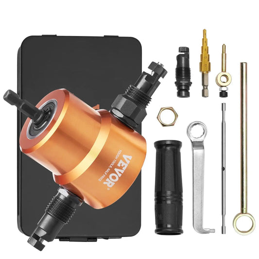 Double Head Sheet Metal Nibbler Cutter For Drills, 360 Degree Cutting Attachment With Extra Punch And Die shown with accessories.