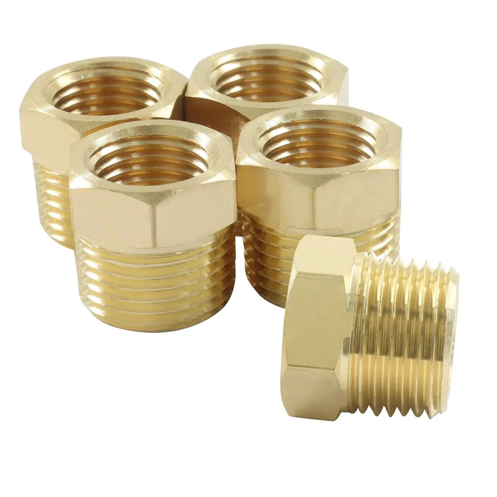 Brass NPT Reducer Fittings Three Eighths Inch Male To One Quarter Inch Female Hex Bushing Pipe Adapter For Hoses And Tubes Five Pack