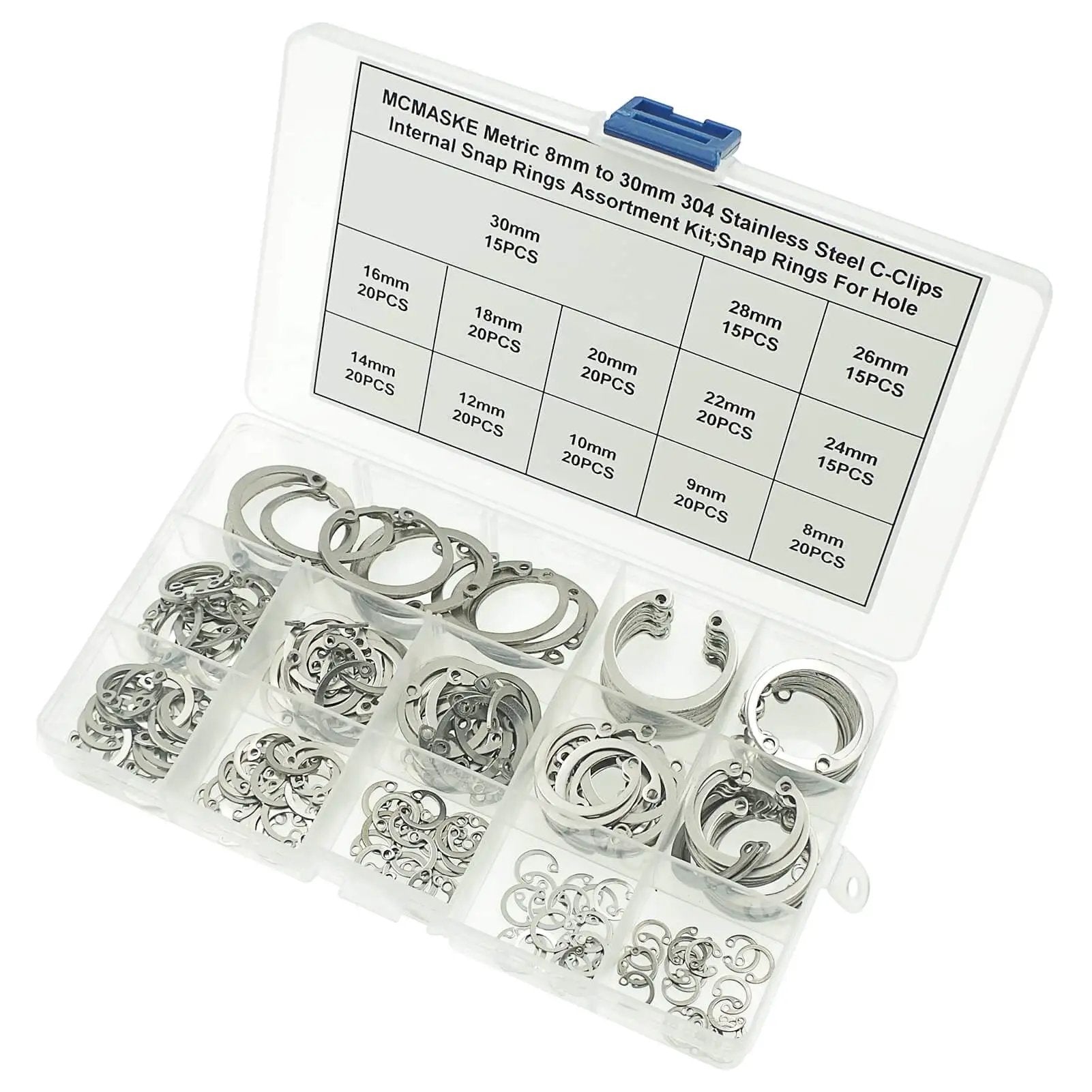 Internal Snap Ring Kit 8mm To 30mm Assortment 240 Pieces C Clips Retaining Rings For Holes 13 Sizes Metric 304 Stainless Steel Circlips Set