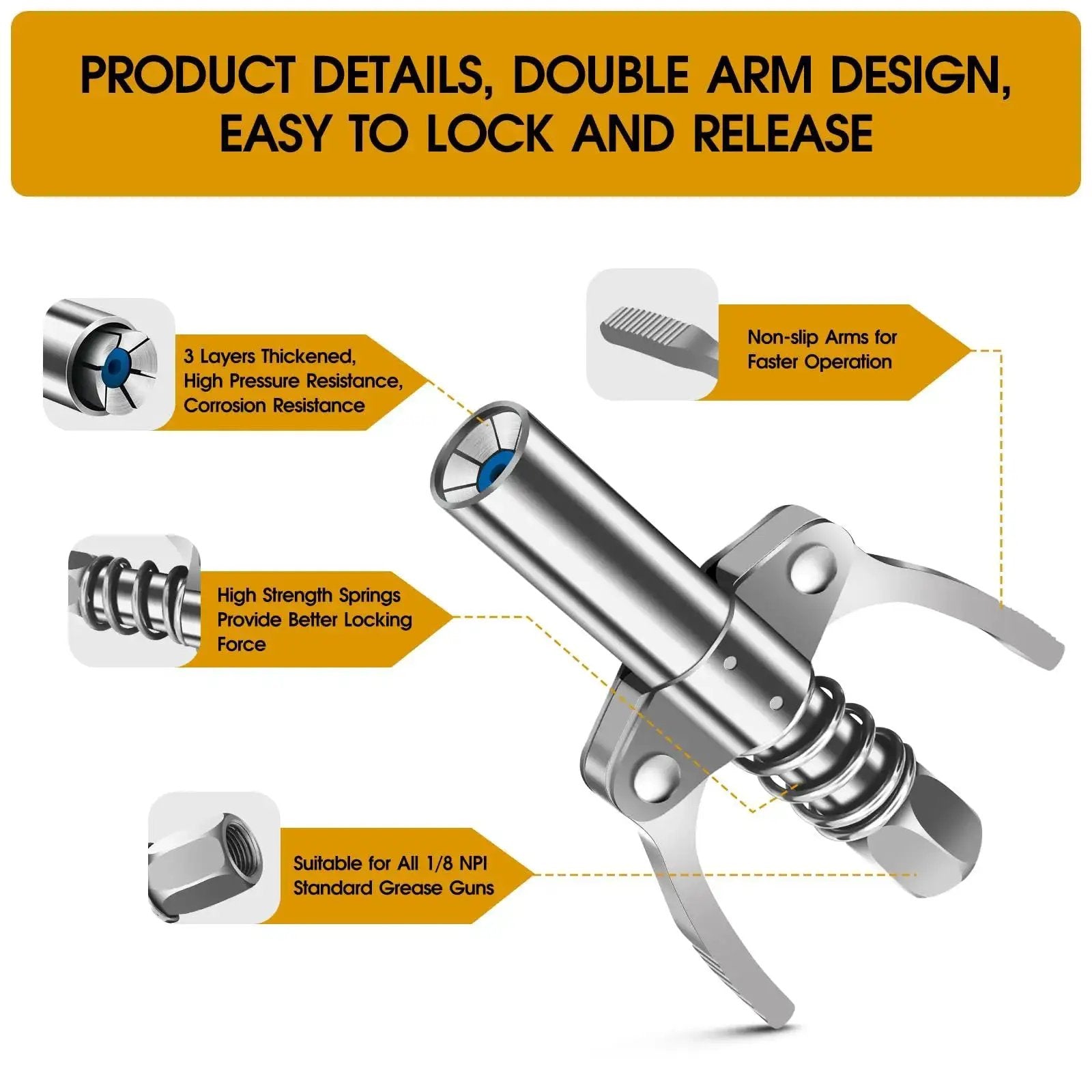 Lock N Lube Grease Gun Coupler And Double Handle Nozzle Set with detailed annotations on design and functionality