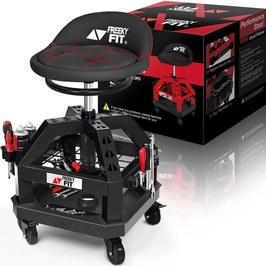Rolling Shop Stool For Garage With Casters Adjustable Height 360 Degree Swivel Padded Mechanic Stool With Tool Tray Storage