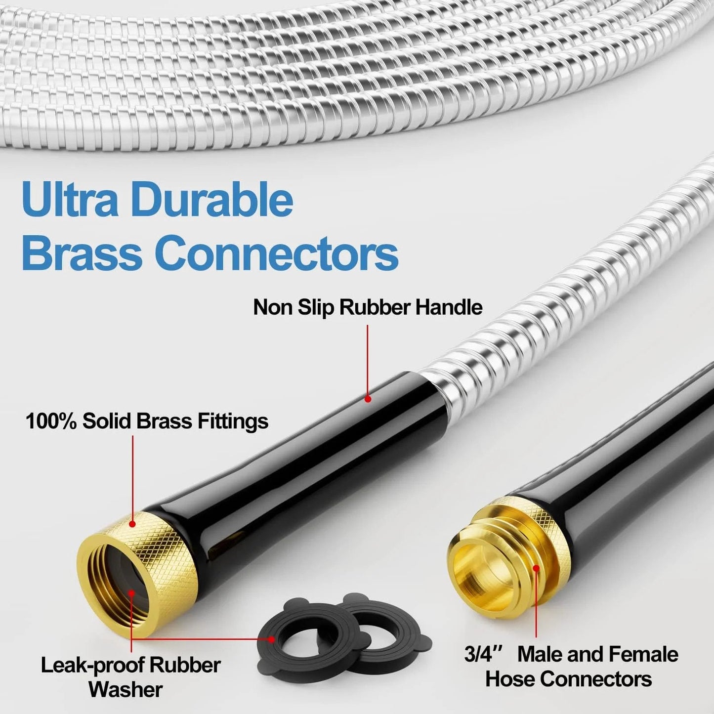 Close-up of 50 Foot 304 Stainless Steel Garden Hose with brass connectors, rubber grip, and leak-proof washer for outdoor use.
