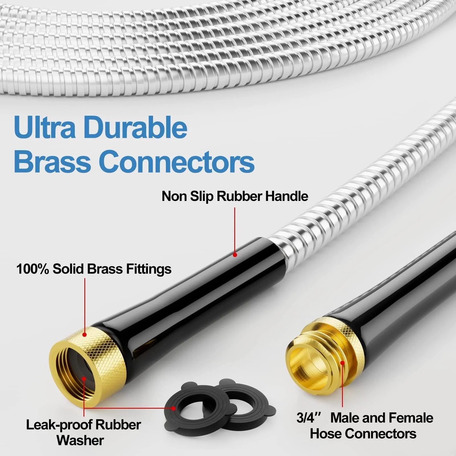 Close-up of 50 Foot 304 Stainless Steel Garden Hose with brass connectors, rubber grip, and leak-proof washer for outdoor use.