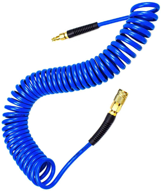 Polyurethane Recoil Air Hose One Quarter Inch Inner Diameter By Twenty Five Feet With Bend Restrictor And Industrial Quick Coupler And Plug Blue