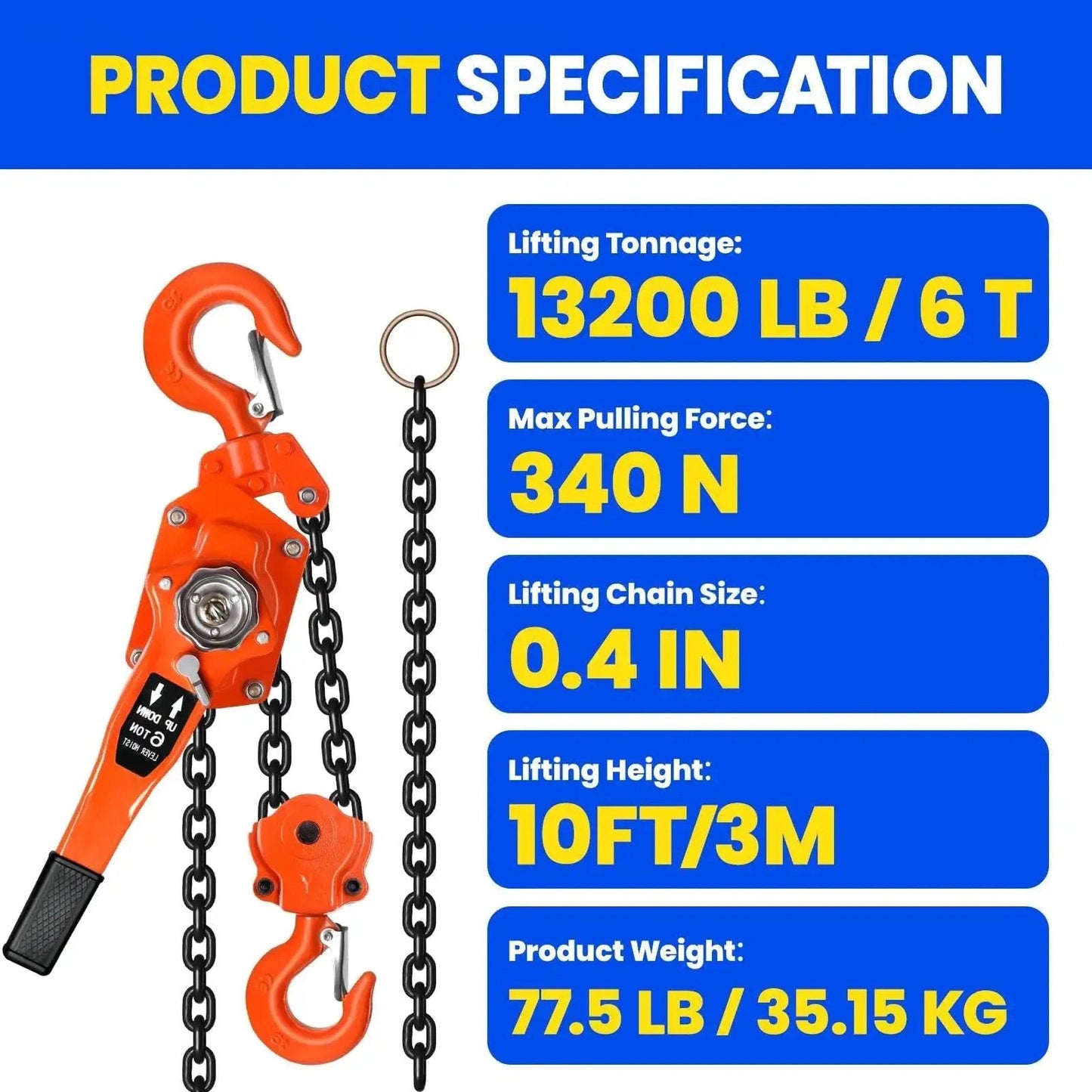 8 Ton Lever Chain Hoist With Double Pawl Brake 10 Ft Lift G80 Galvanized Steel specifications chart