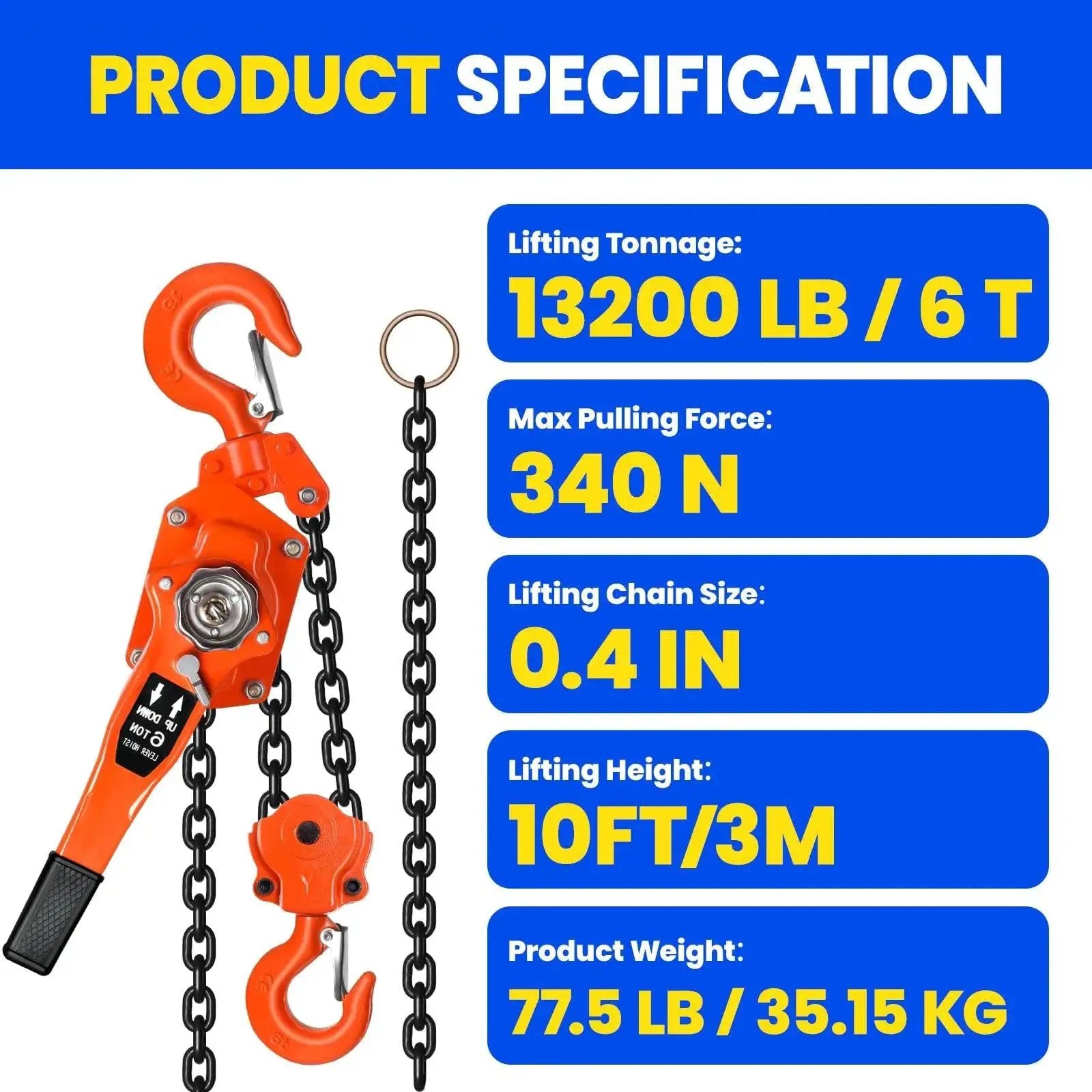8 Ton Lever Chain Hoist With Double Pawl Brake 10 Ft Lift G80 Galvanized Steel specifications chart