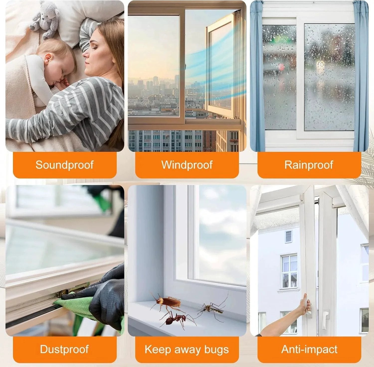 Weather Stripping For Doors And Windows Self Adhesive Door Seal 39.4 Ft Long 0.35 Inch Thick Brush Insulation For Sliding Exterior Frames And Front Doors Soundproofing Draft Stopper Grey shown in different uses like soundproofing, dustproofing, and rainproofing.