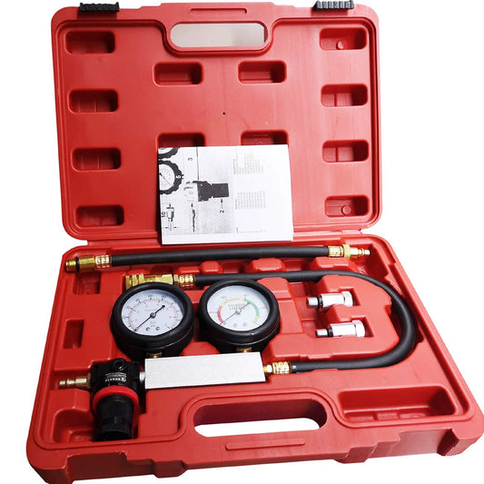 Cylinder Leak Down Tester And Compression Test Kit With Dual Gauge For Engine Diagnostics Universal Fitment For Most Cars And Trucks Easy To Use 4 Stroke Engine Leak Tester Tool in red carrying case with hose and adapters