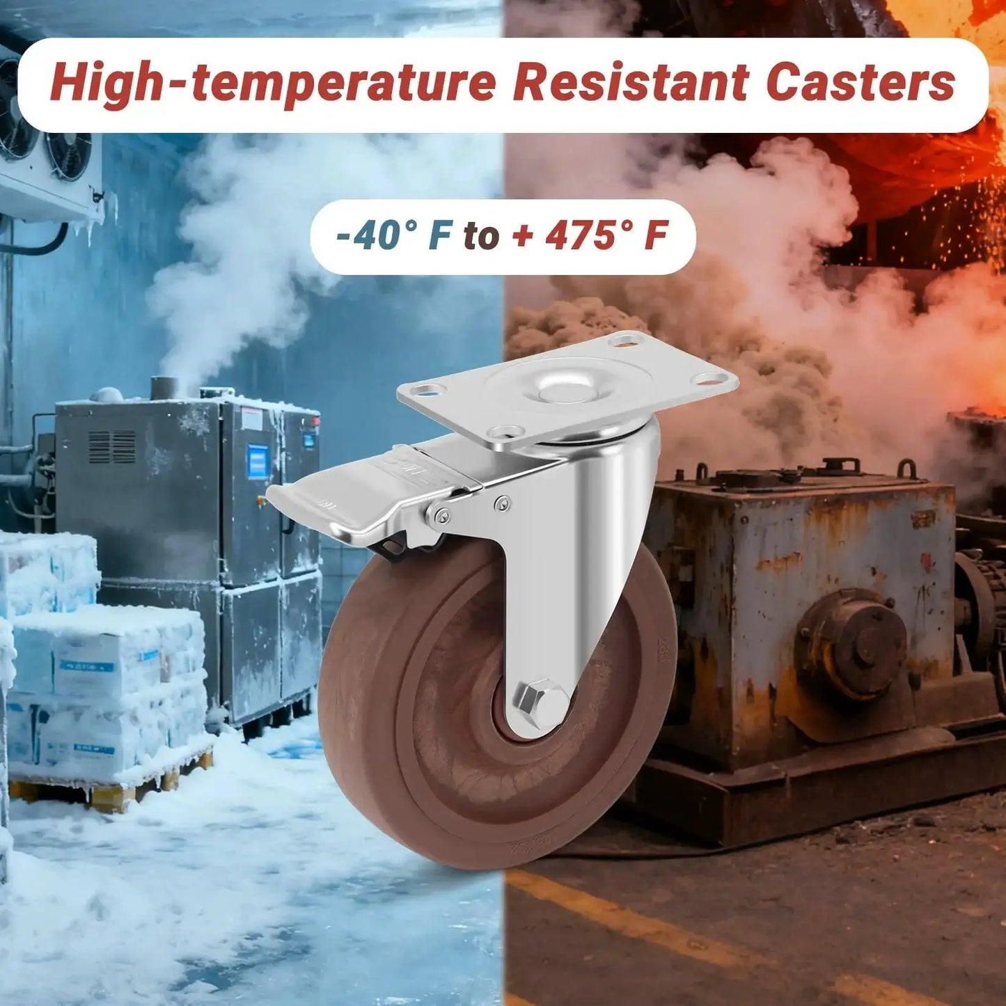 5 Inch Heavy Duty Casters Set Of 4 With Brakes 2400 Lbs Capacity High Temperature Glass Filled Nylon Wheels For Workbenches And Industrial Carts Heat Resistant From Minus 40 F To 475 F Durable Castors For Rough Environments in a frozen and industrial setting