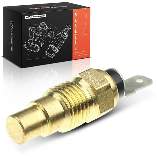 Engine Coolant Temperature Sensor For Nissan Altima 1995 To 2002 And Infiniti G20 G35 I30 I35 Q45 QX4 NX Pathfinder Frontier Maxima 1993 To 2003 Replacement Sensor Direct Fit next to packaging box showing sensor illustration.