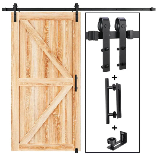 EaseLife Eight Foot Sliding Barn Door Track And Hardware Kit With Basic J Pulley For Smooth Quiet Operation And Easy Installation For 40 To 48 Inch Wide Single Doors Includes Eight Foot Track Kit And Black Powder Coated Steel Hardware.