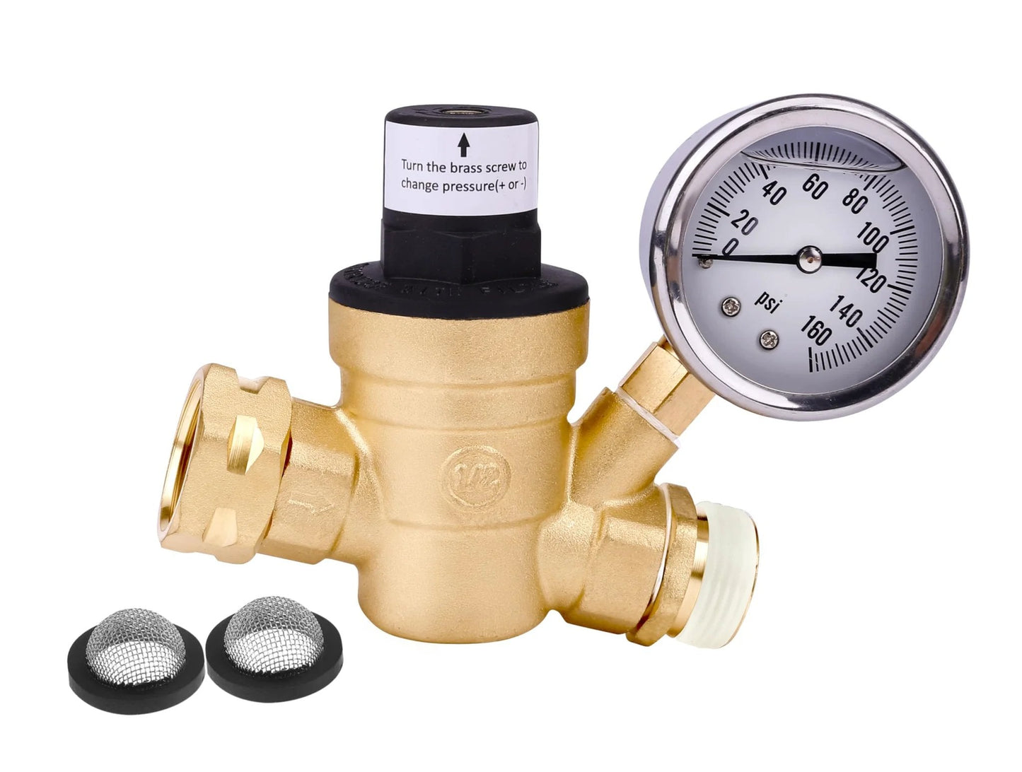 RV Water Pressure Regulator With Gauge, Adjustable From Zero To One Sixty PSI, Three Quarter Inch Water Hose Valve in brass