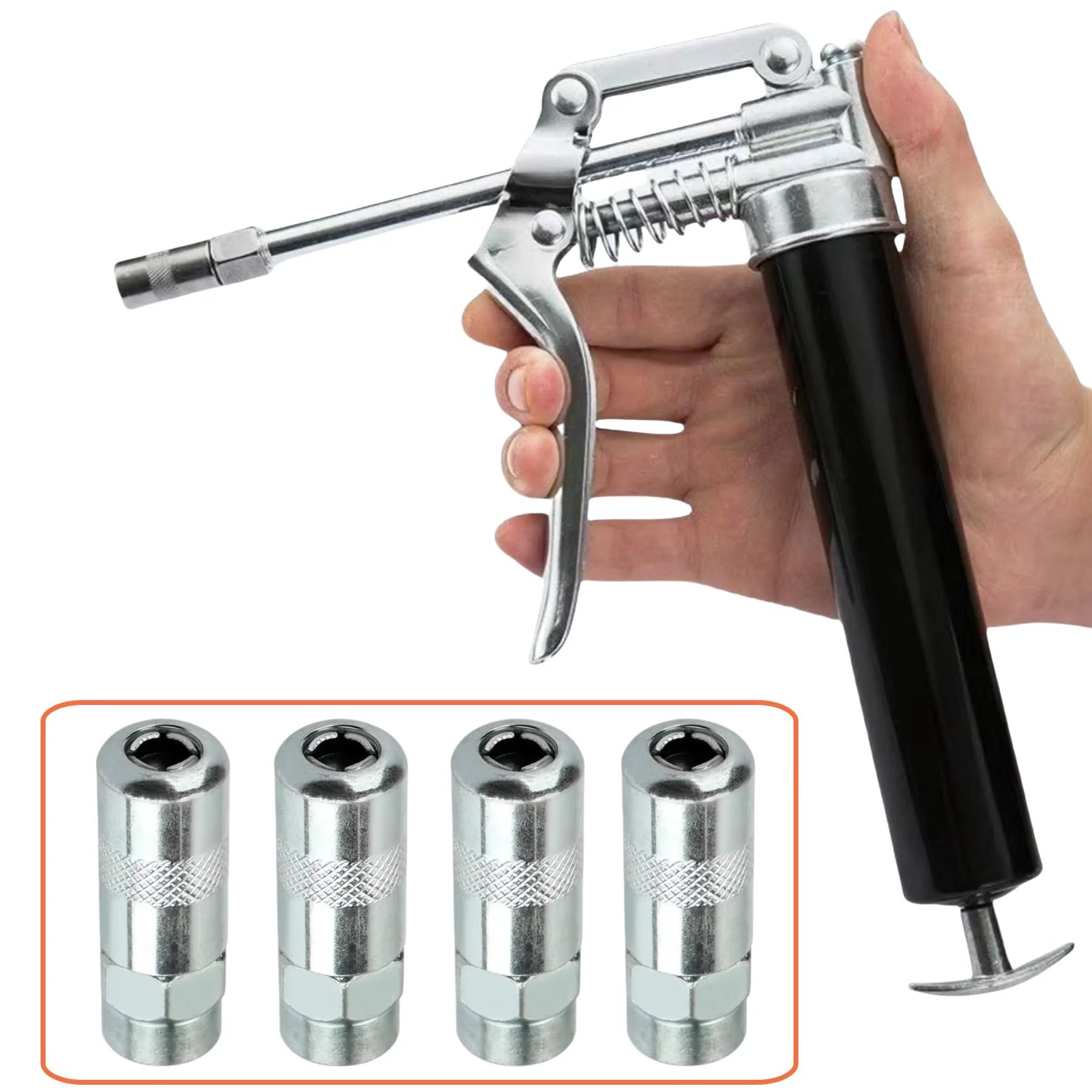 Heavy Duty Replacement Coupler Tips 4 Pack For Cordless Milwaukee Grease Guns M18 And M12 49-16-2649 shown with grease gun