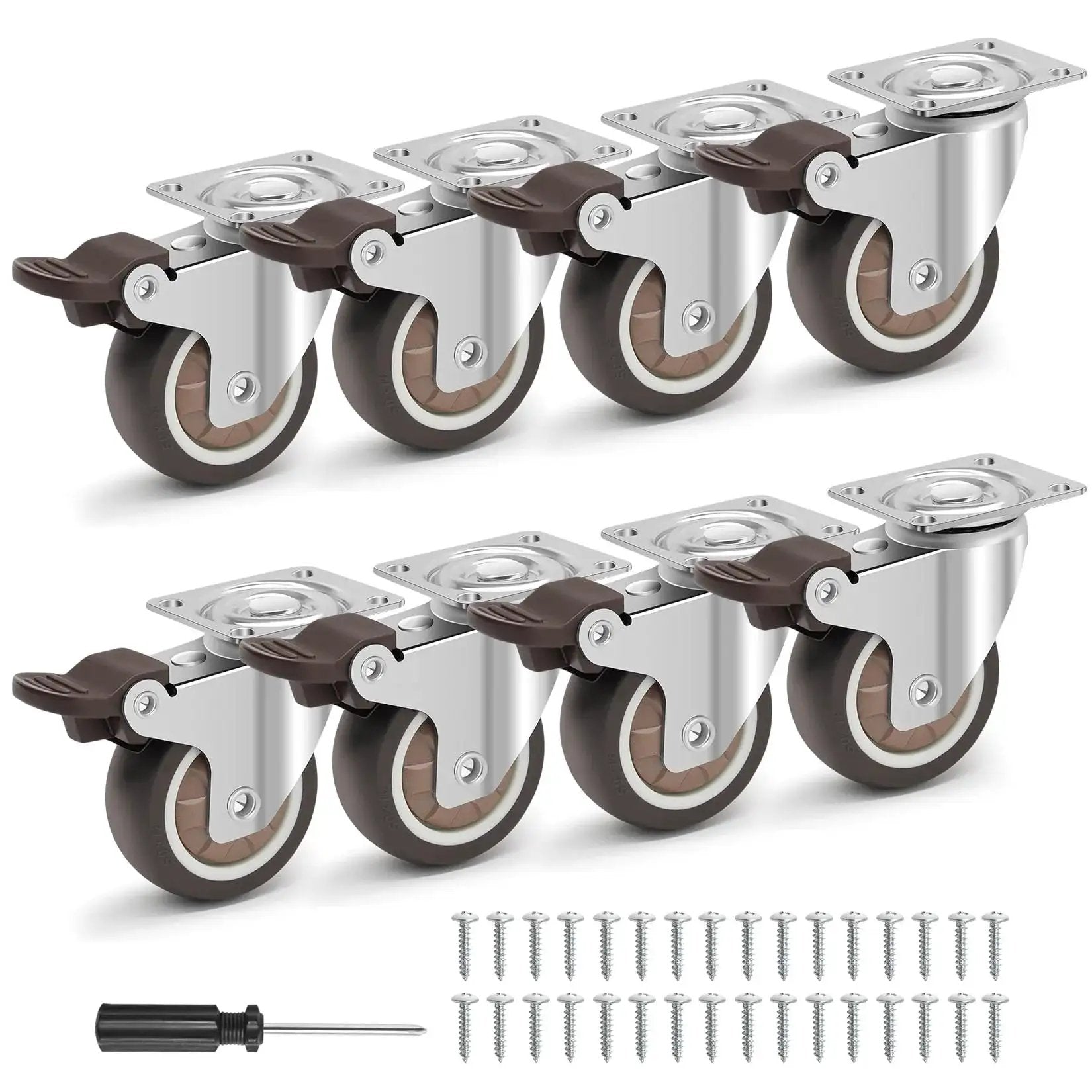 Silent 2 Inch Rubber Caster Wheels With Brakes For Furniture And Equipment, Swivel Casters With 360 Degree Rotation, Set Of 8, 1200 Lb Total Capacity shown with screws and screwdriver