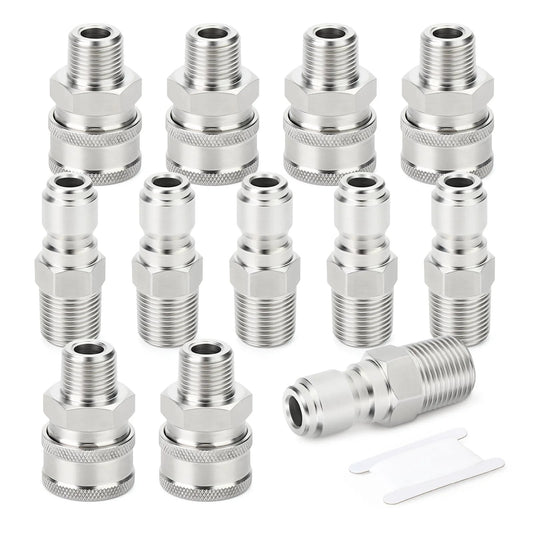 12 Piece 304 Stainless Steel Pressure Washer Adapter Kit With Quick Connect Fittings Three Eighths Inch NPT Male For Quick Connection Of Hoses Pumps Ball Valves Expansion Tubes And Surface Cleaners Up To 5000 PSI