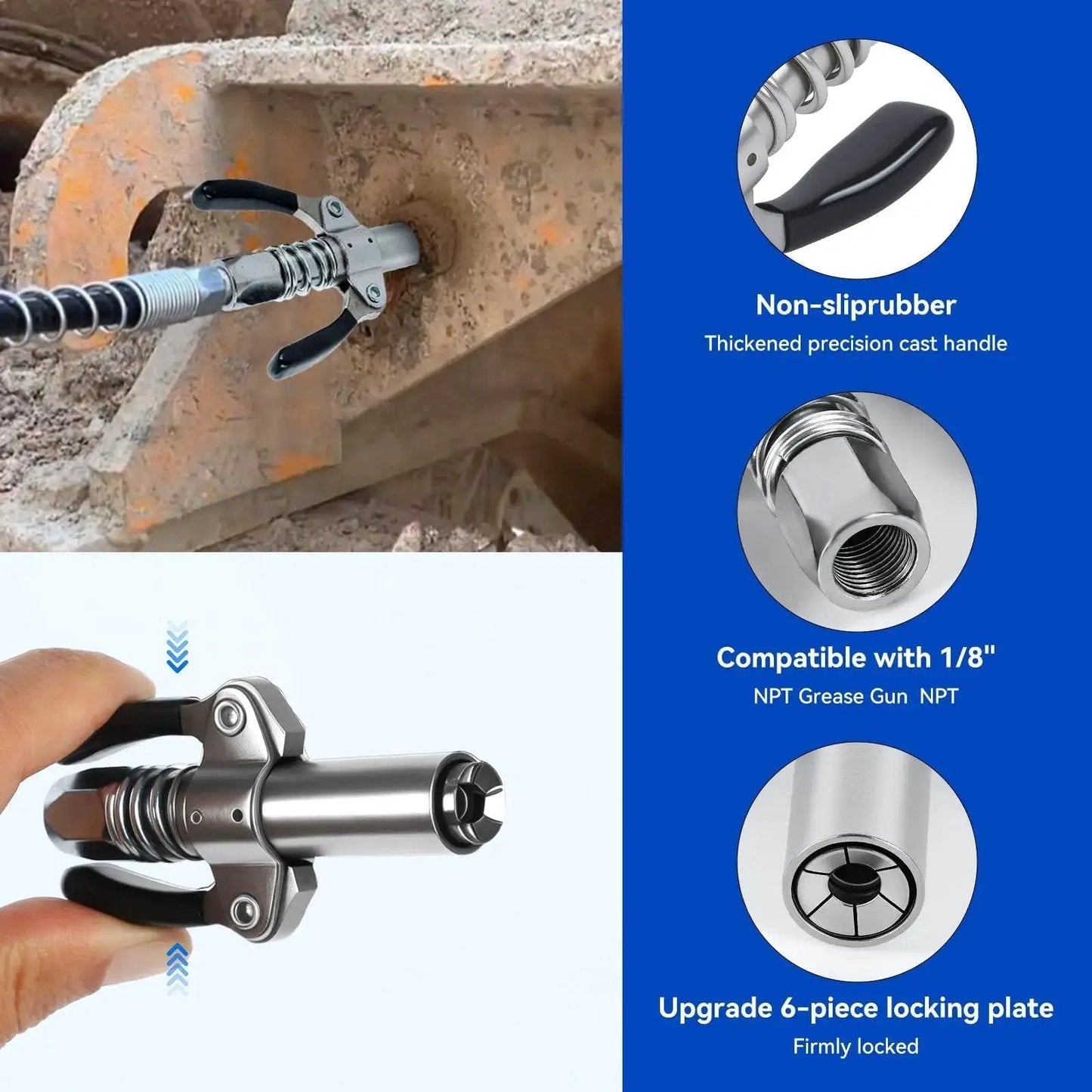 Grease Gun Accessory Kit With 12 Inch Hose Two Needle Nozzles 90 Degree Coupler Adapter non-slip handle and locking plate