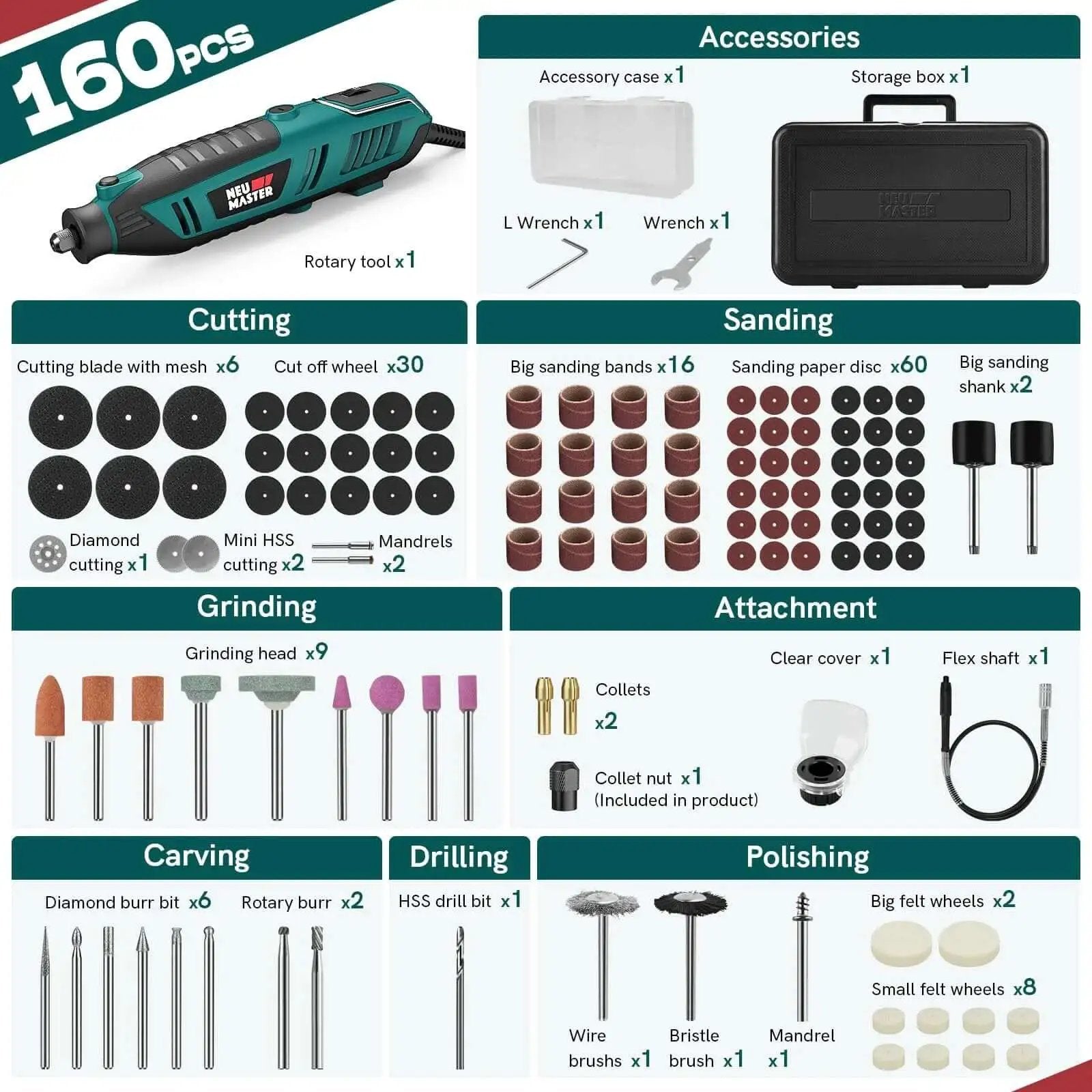Powerful 180W Rotary Tool Kit With Corded Power 160 Accessories 6 Variable Speeds From 10000 To 35000 RPM layout image