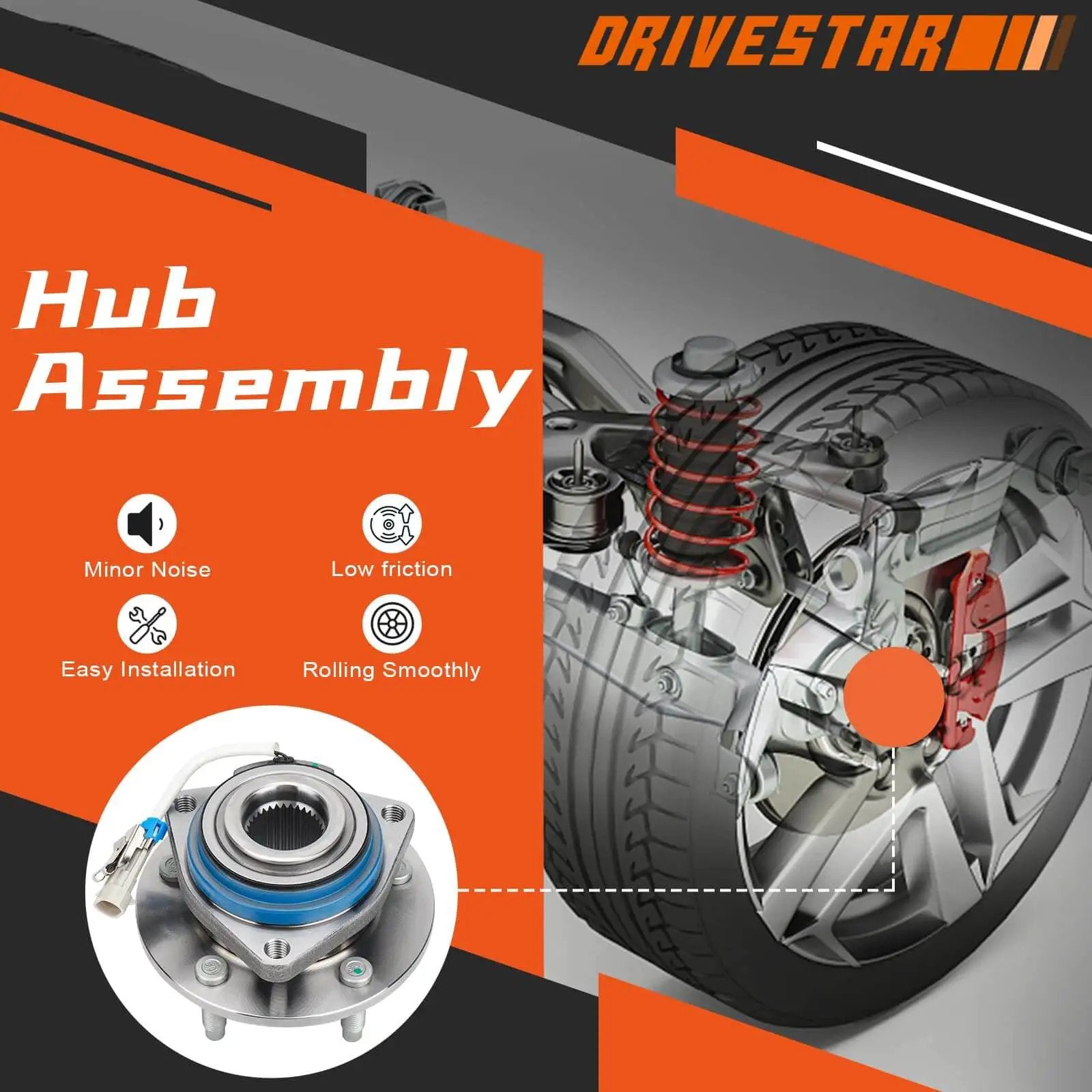 Front wheel hub and bearing assembly 5-lug w/ABS for Chevy Impala Monte Carlo Venture, Cadillac DTS, Buick LeSabre, Pontiac Grand Prix, Oldsmobile Aurora; 1997-2013 fit, single unit 513121. Image showing product with features like minor noise reduction, easy installation, and smooth rolling.