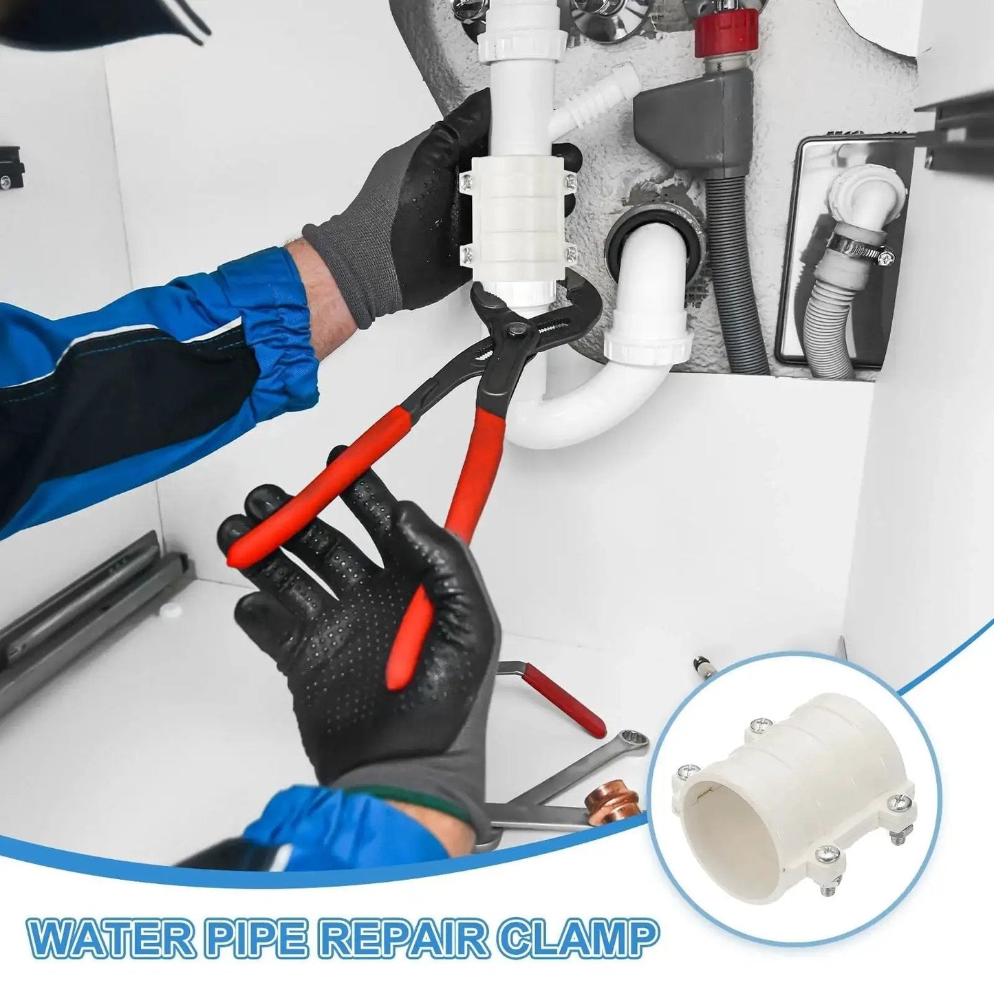 Installation of 2 Inch Water Pipe Repair Clamp PVC Leak Sealer For 50 Millimeter Outer Diameter Pipes in plumbing system