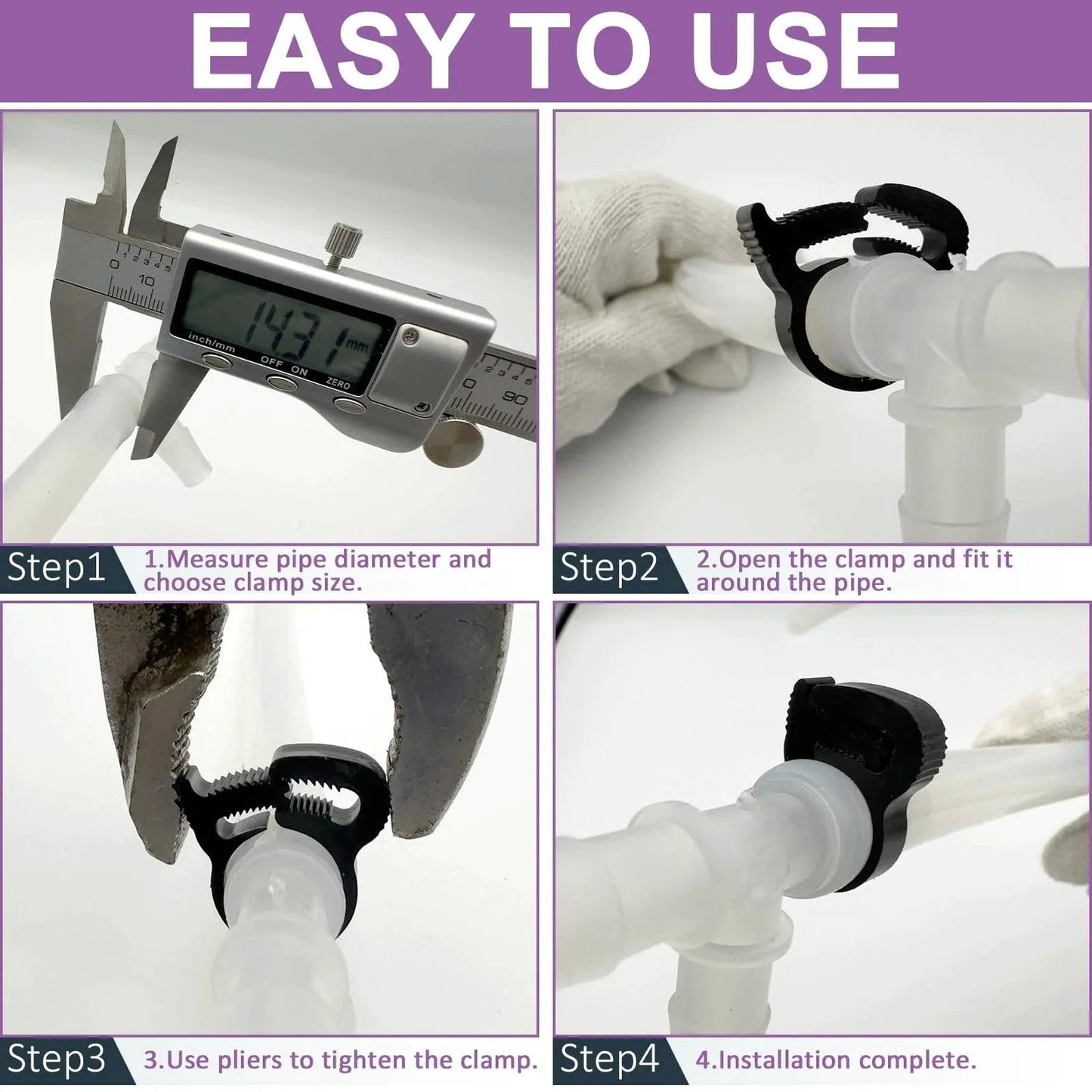 146 Piece Nylon Hose Clamp Set With Double Grip Ratcheting Clamps In 10 Sizes Ranging From 6.1 To 26.1 Mm In A Sturdy Plastic Storage Box POM Material Perfect Assortment Kit For Automotive And Household Tubing Sealing installation steps