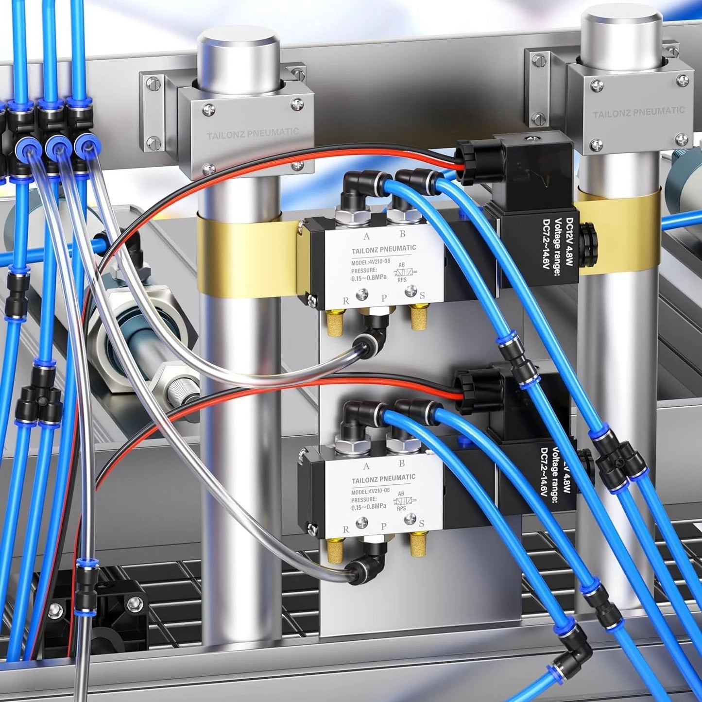Industrial setup with blue Pneumatic Straight Push Connectors Set Of 50 Pcs For Air Lines Go To 2 Way Quick Release Fittings.