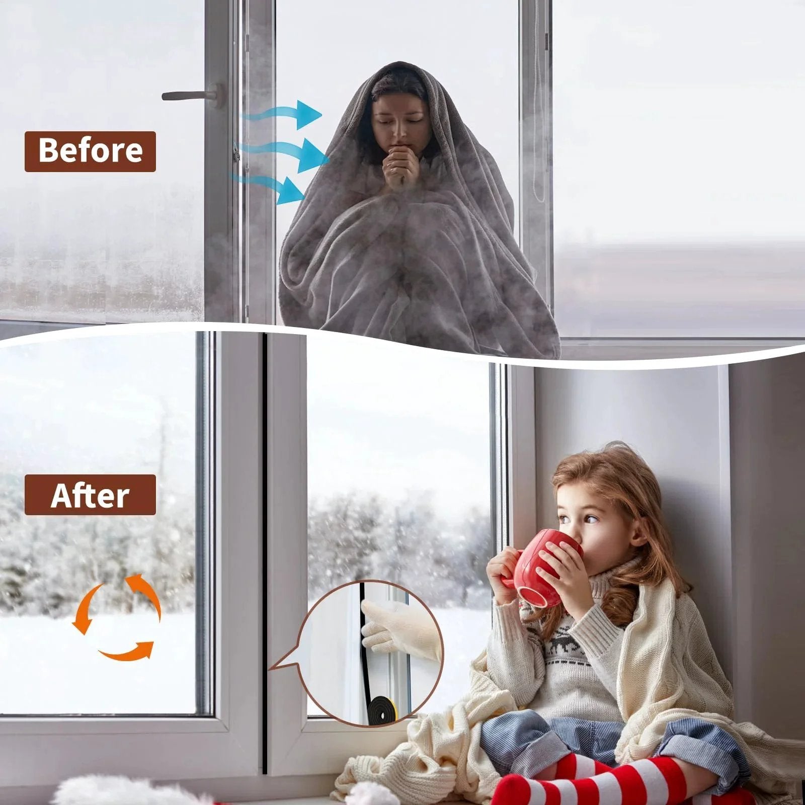 Before and after sealing a window with Self-Adhesive Thin Foam Weather Stripping Tape 1/2 Inch Wide by 1/16 Inch Thick, 33 Ft Long.