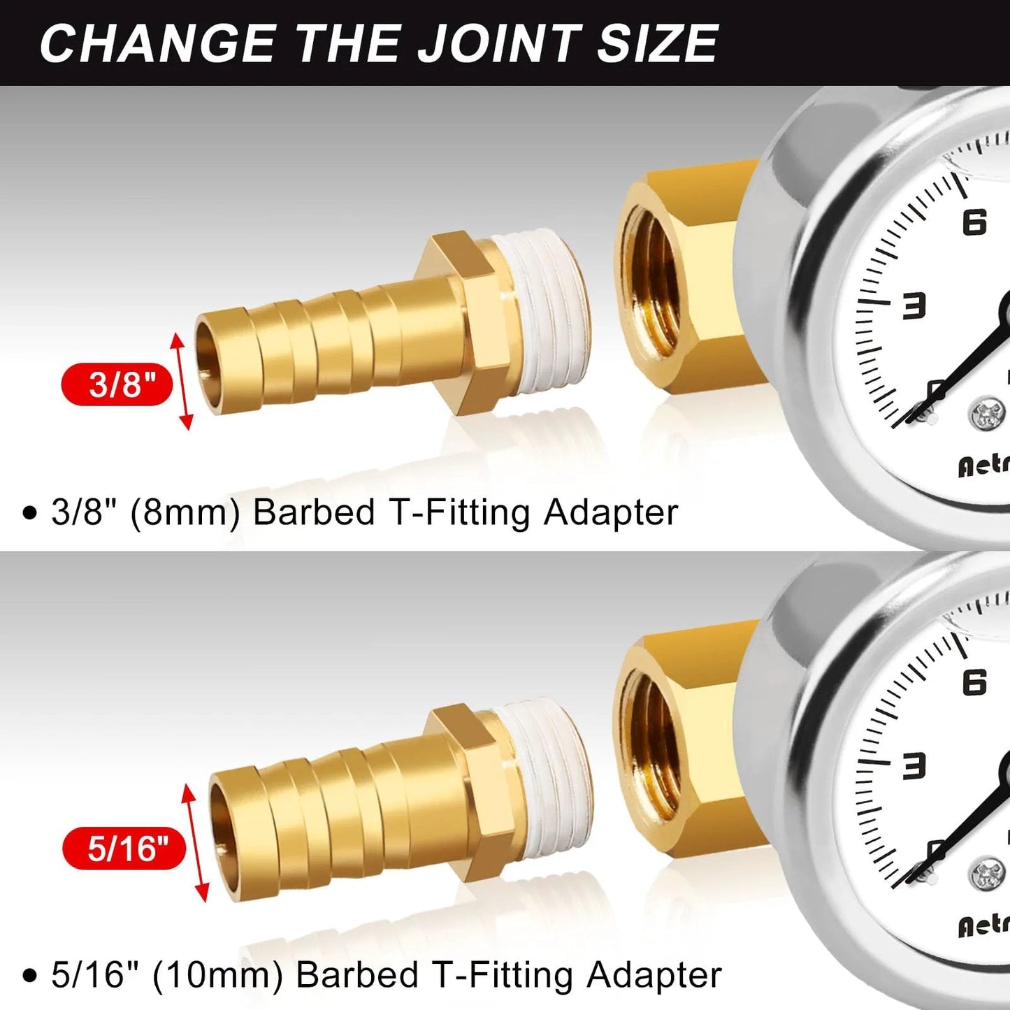 Pro Grade Inline Fuel Pressure Test Kit With One And A Half Inch Dial And 0 To 15 Psi Glycerin Filled Gauge One Eighth Inch NPT Port Inline Regulator With Gauge For Cars And Other Automotive Applications showing barbed T-fitting adapters, 3/8 and 5/16 inch, with gauge close-up.