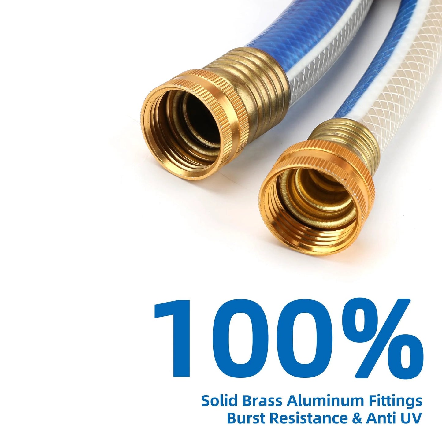 Close-up of solid brass and aluminum fittings on Three Quarters Inch Fifteen Foot No Kink Garden Hose showing burst resistance feature.