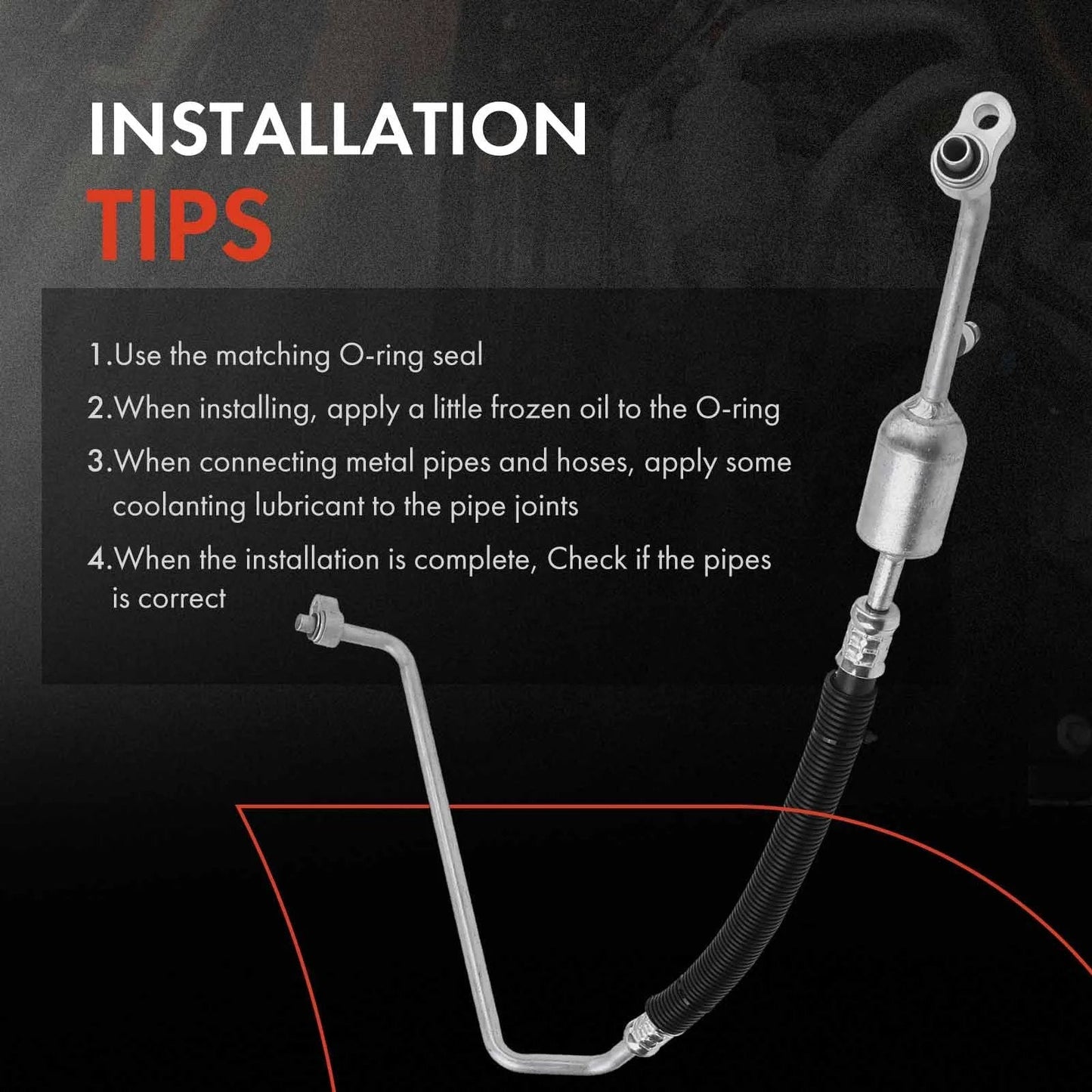AC Discharge Line Hose Assembly For GM Trucks And SUVs Compatible With Silverado 1500 Tahoe Suburban Sierra Yukon XL 1500 2500 Escalade ESV EXT From Compressor To Condenser, shown with installation tips.