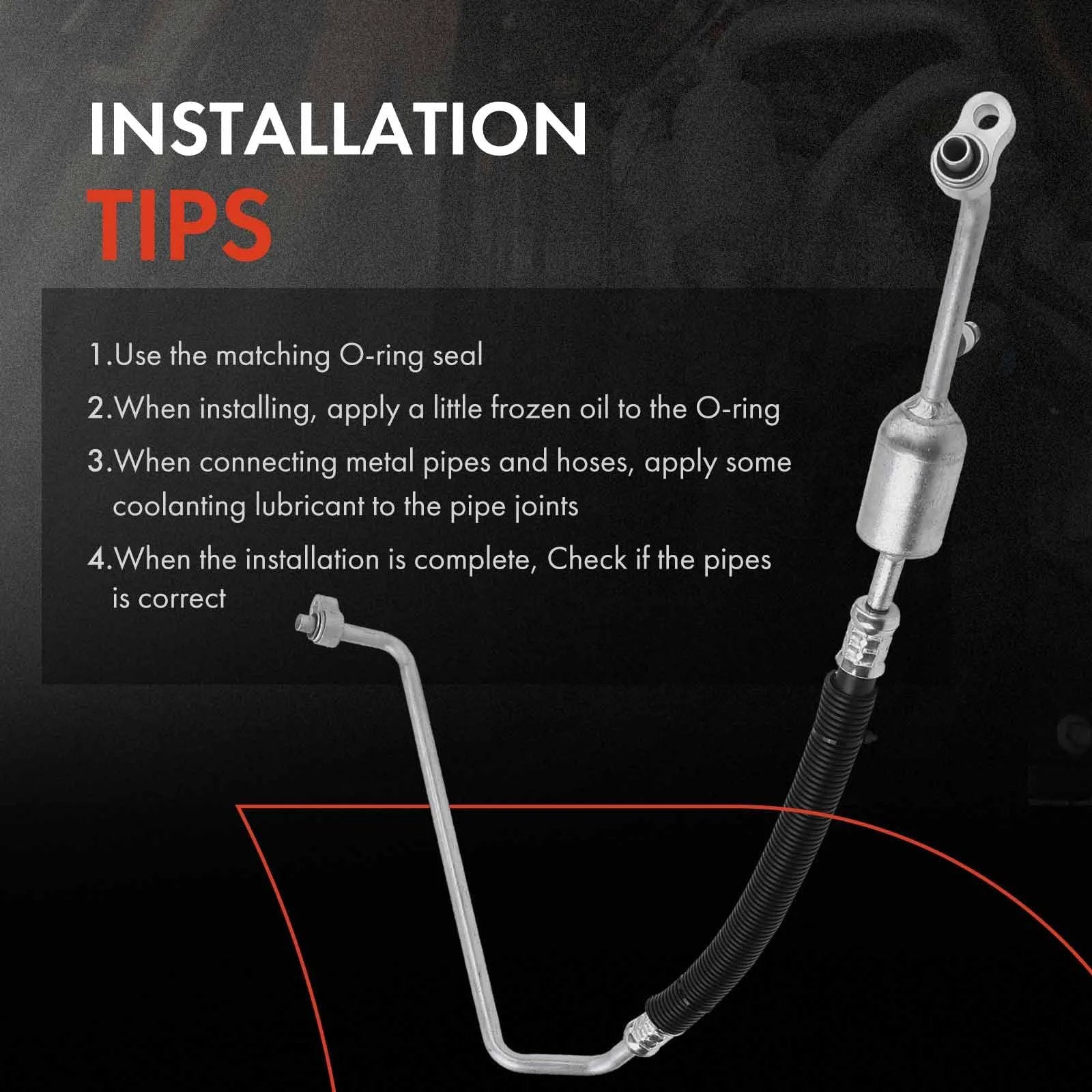 AC Discharge Line Hose Assembly For GM Trucks And SUVs Compatible With Silverado 1500 Tahoe Suburban Sierra Yukon XL 1500 2500 Escalade ESV EXT From Compressor To Condenser, shown with installation tips.