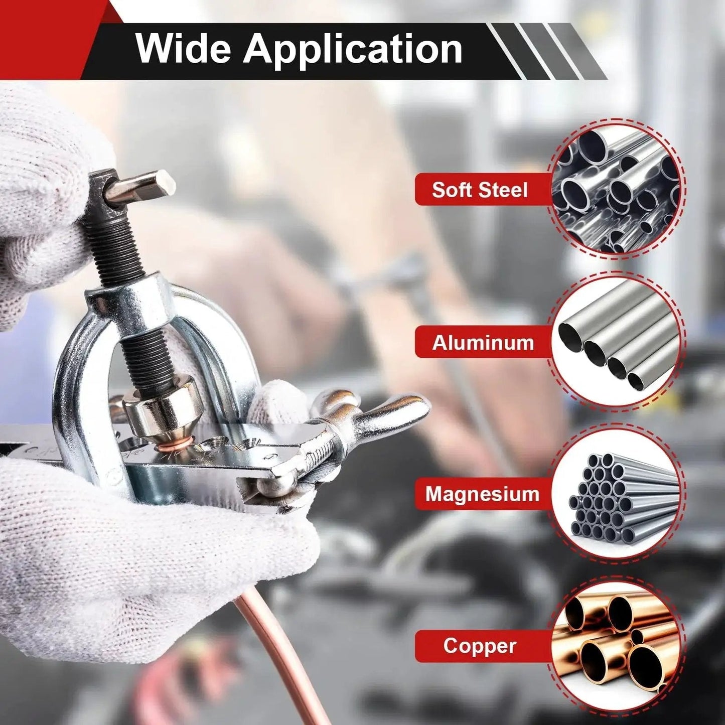 Close-up of the Brake Line Flare Tool Kit With Tubing Cutter And 5 Adapters For Copper Tubing, showing material applications.