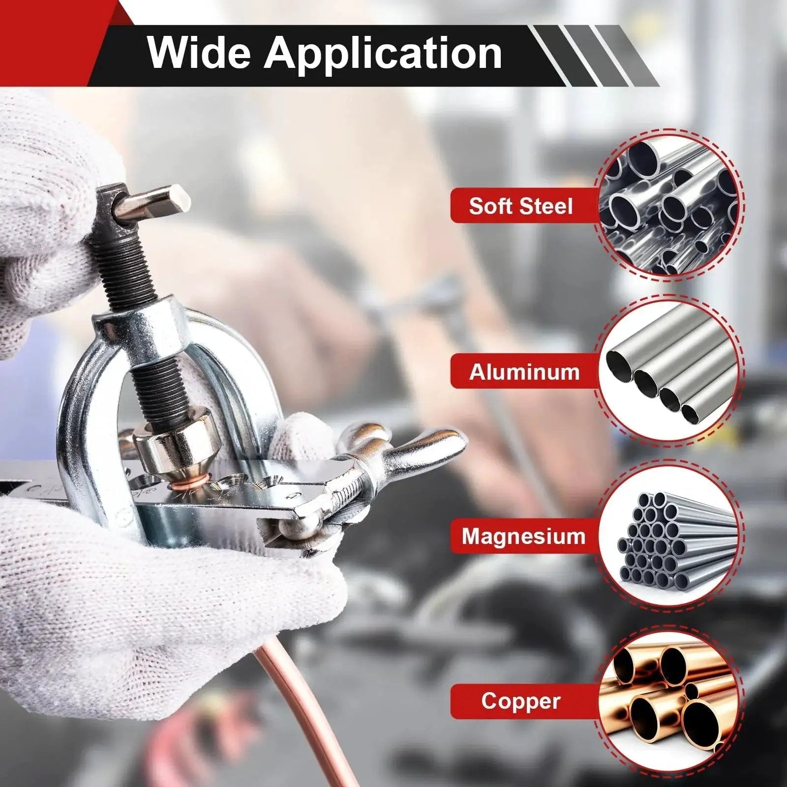 Close-up of the Brake Line Flare Tool Kit With Tubing Cutter And 5 Adapters For Copper Tubing, showing material applications.