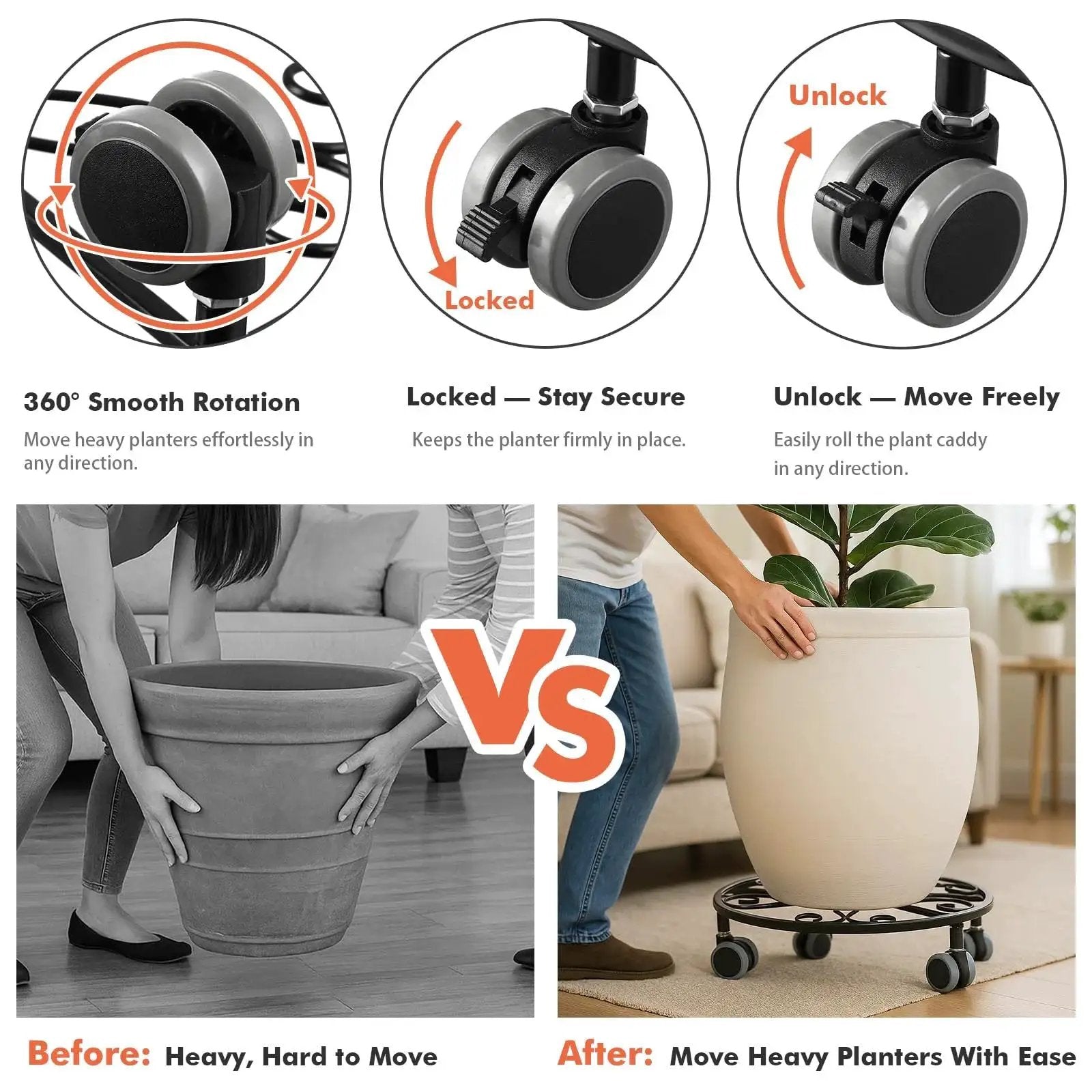 Comparison of heavy planter lifting vs Three Pack Heavy Duty Plant Caddies With Wheels, showing 360° rotation and locking features.