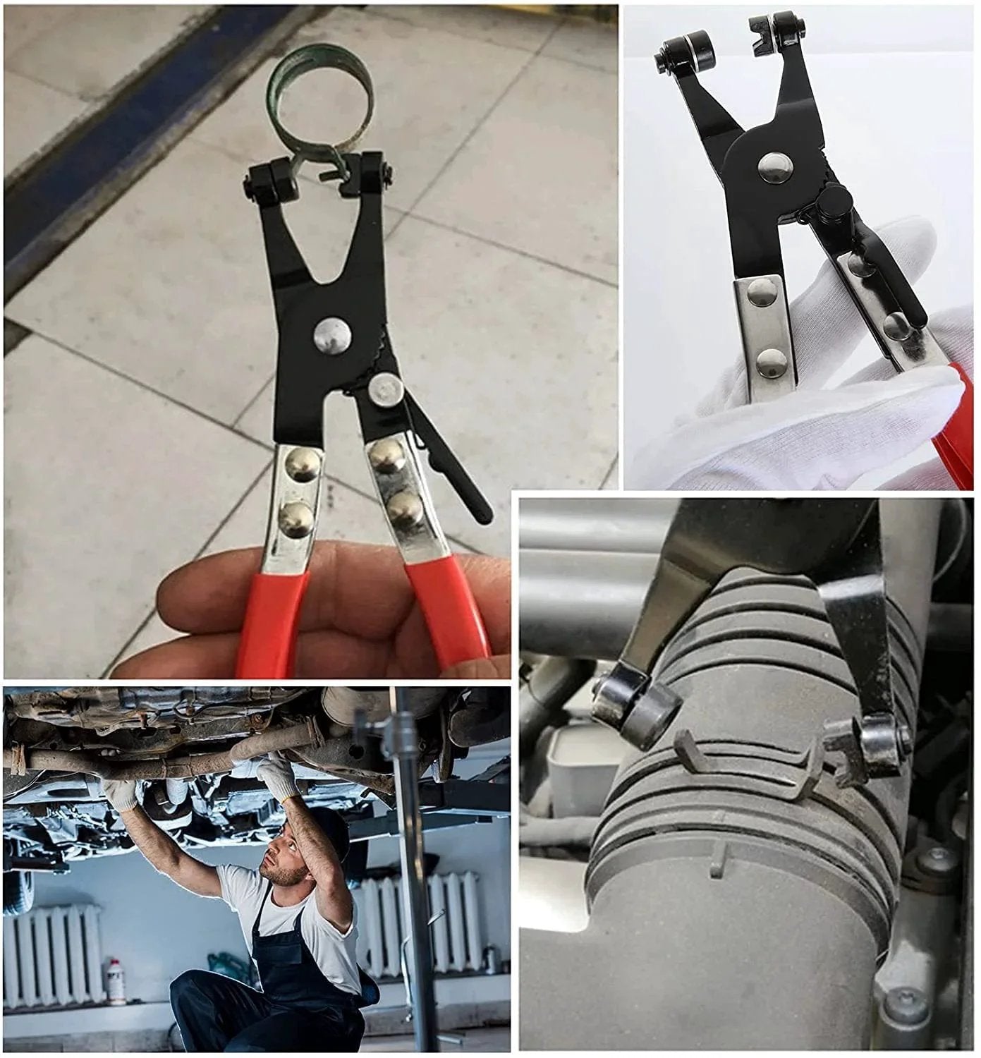 3 Piece CV Joint Boot Clamp Pliers Set With Hose Clamp Pliers Ear Type Pliers And Fuel Line Pliers for most cars shown in use.