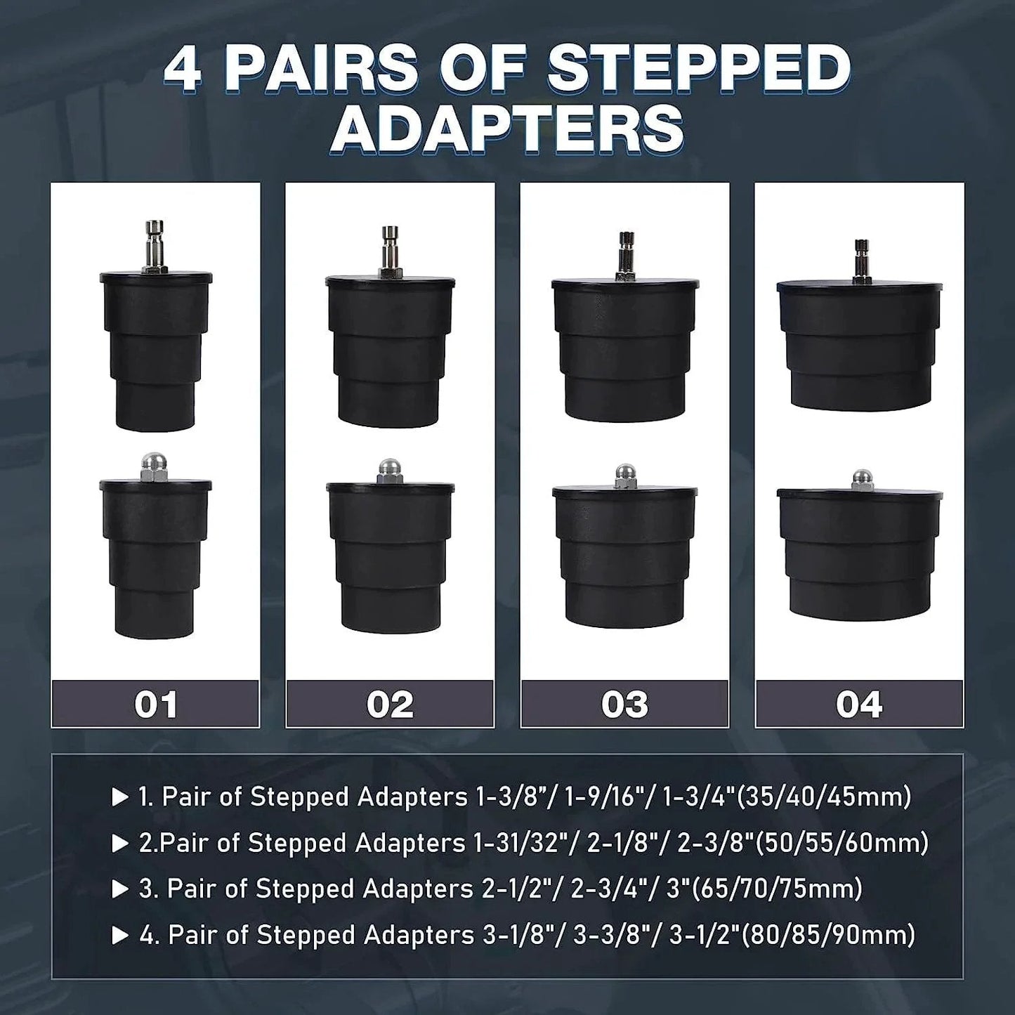 Image showing four pairs of stepped adapters from Turbo Boost Leak Tester Kit For Turbo System With Pressure Gauge 10 Piece Leak Down Tester Set Includes Four Pairs Of Stepped Adapters From 1.38 To 3.54 Inches For Easy Troubleshooting Of Turbo Leaks And Cooling System Piping Angchun.