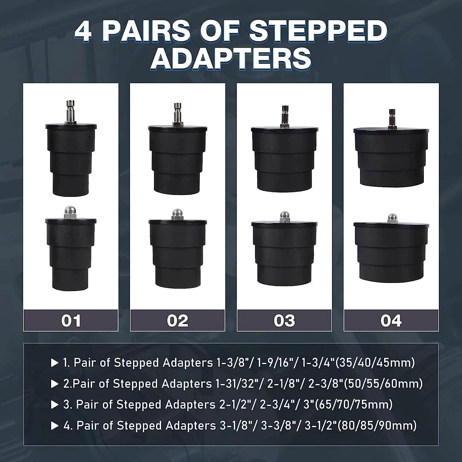 Image showing four pairs of stepped adapters from Turbo Boost Leak Tester Kit For Turbo System With Pressure Gauge 10 Piece Leak Down Tester Set Includes Four Pairs Of Stepped Adapters From 1.38 To 3.54 Inches For Easy Troubleshooting Of Turbo Leaks And Cooling System Piping Angchun.