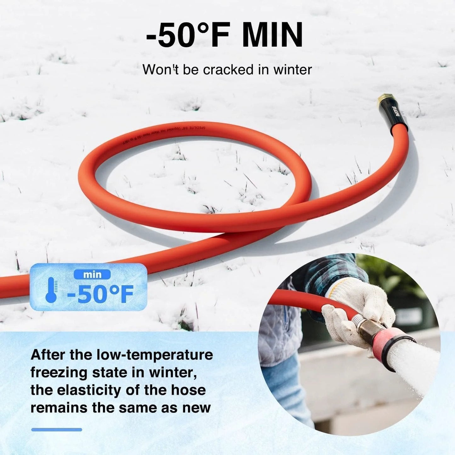 Hot And Cold Rubber Garden Hose Five Eighth Inch Fifty Foot Long With Brass Fittings on snowy ground, close-up of usage