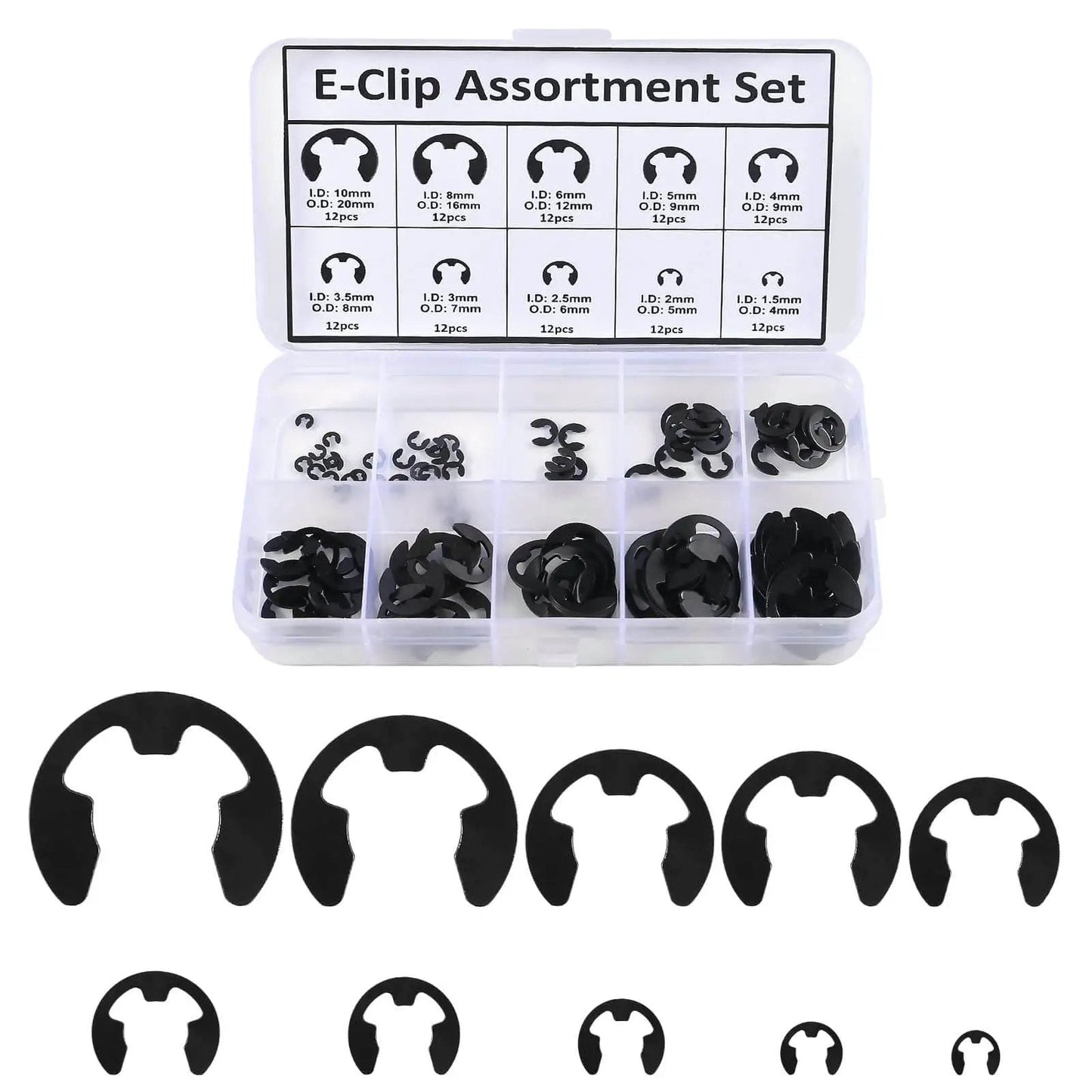 Essential E Clip Assortment Kit For Bearings Gears Pulleys And Shafts With 10 Sizes From 1.5mm To 10mm External Retaining Rings Snap Rings Set DIANN Pro Grade Hardened Steel in a clear case