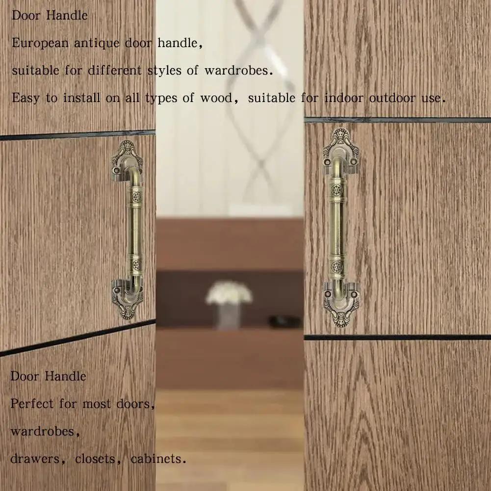 Sliding Barn Door Pull Handle Hardware in Bronze Tone for Wooden Garden Gate Shed Cabinet Doors, antique design, installed.