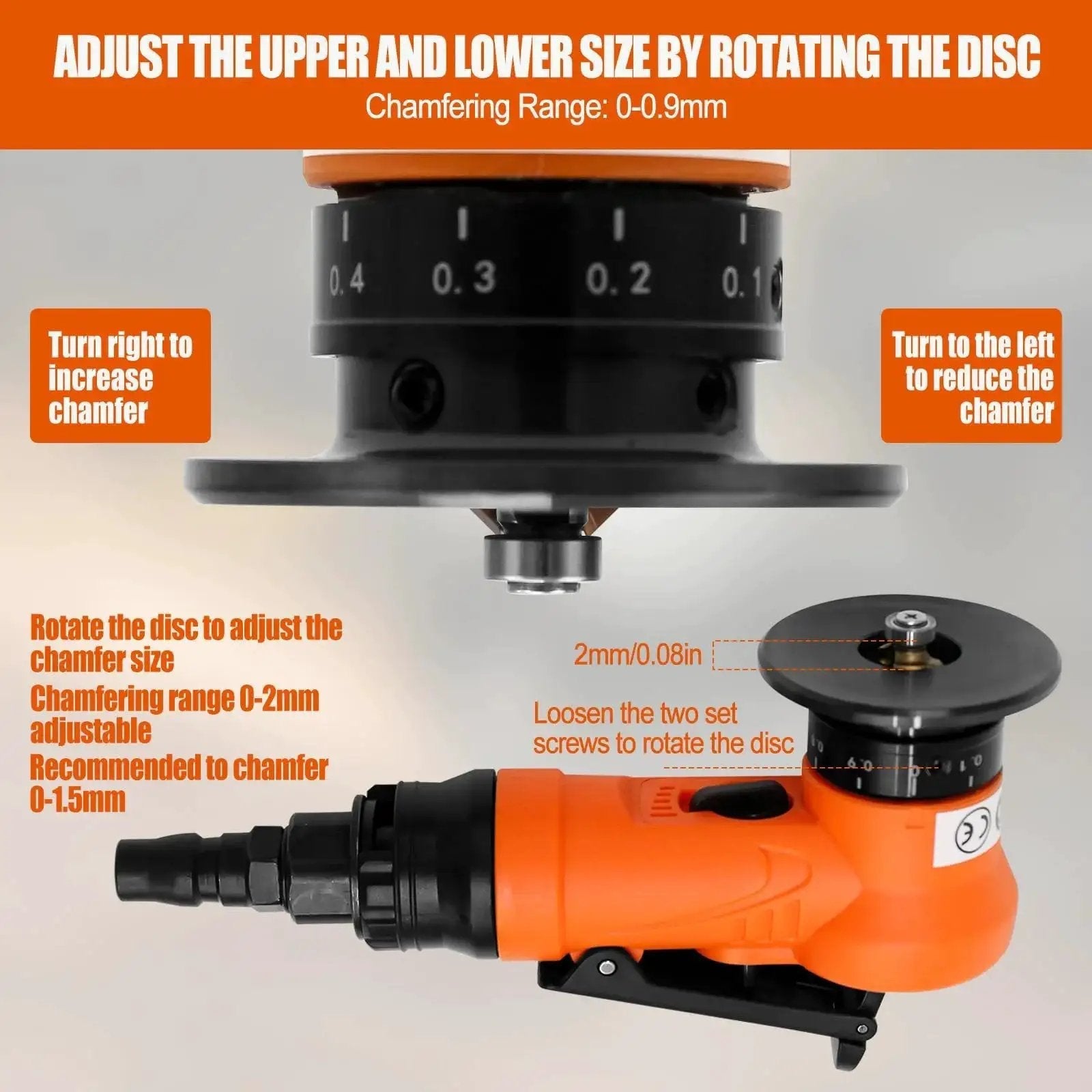 Dope Mini Pneumatic Deburring Tool Handheld Chamfering Grinder for Metal and Wood, adjustable depth 0.1-0.9 mm, orange color