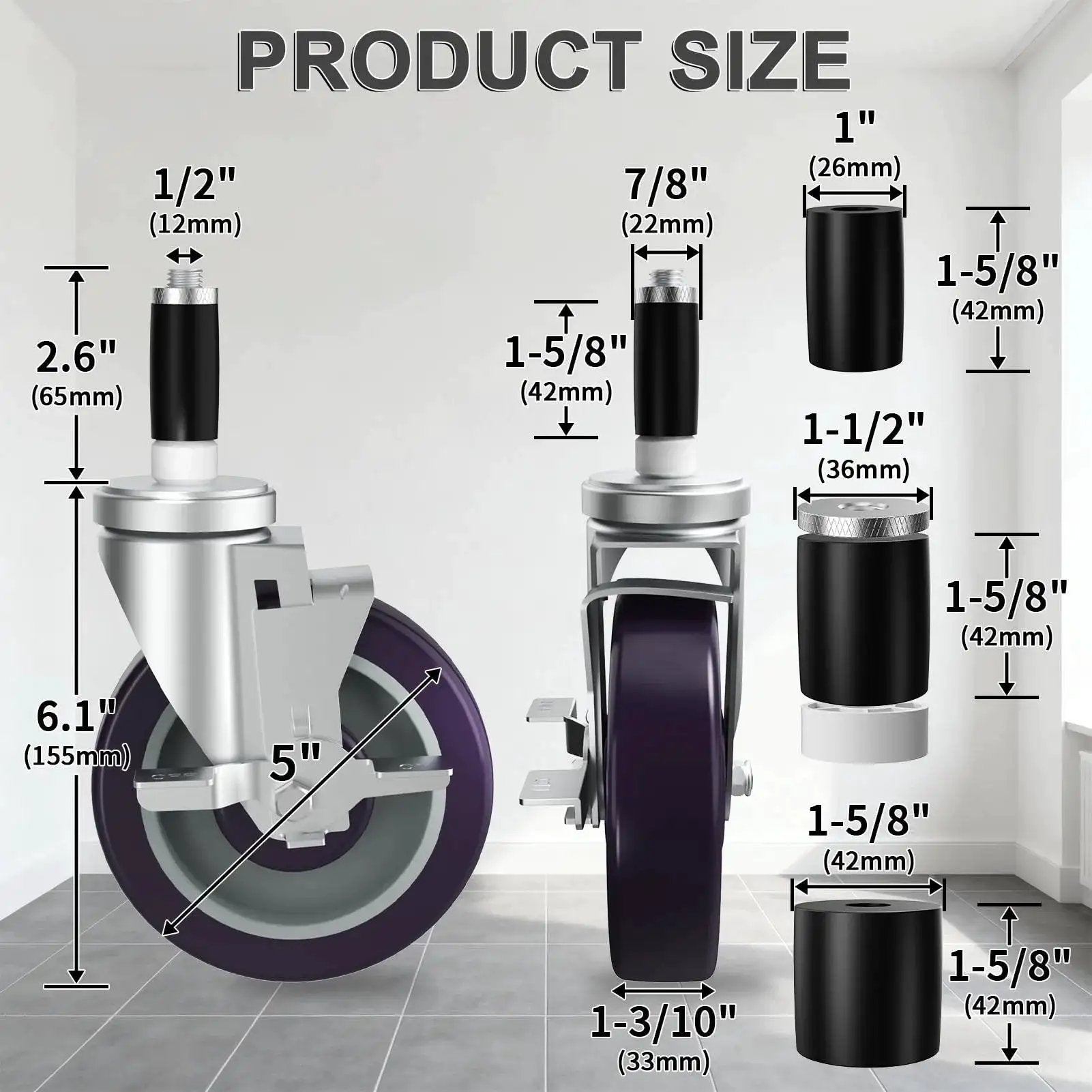 5 Inch Expanding Stem Caster Set Of 4 With Brakes For Table Legs, Adjustable Mounting Height Up To 6.1 Inches, product size display